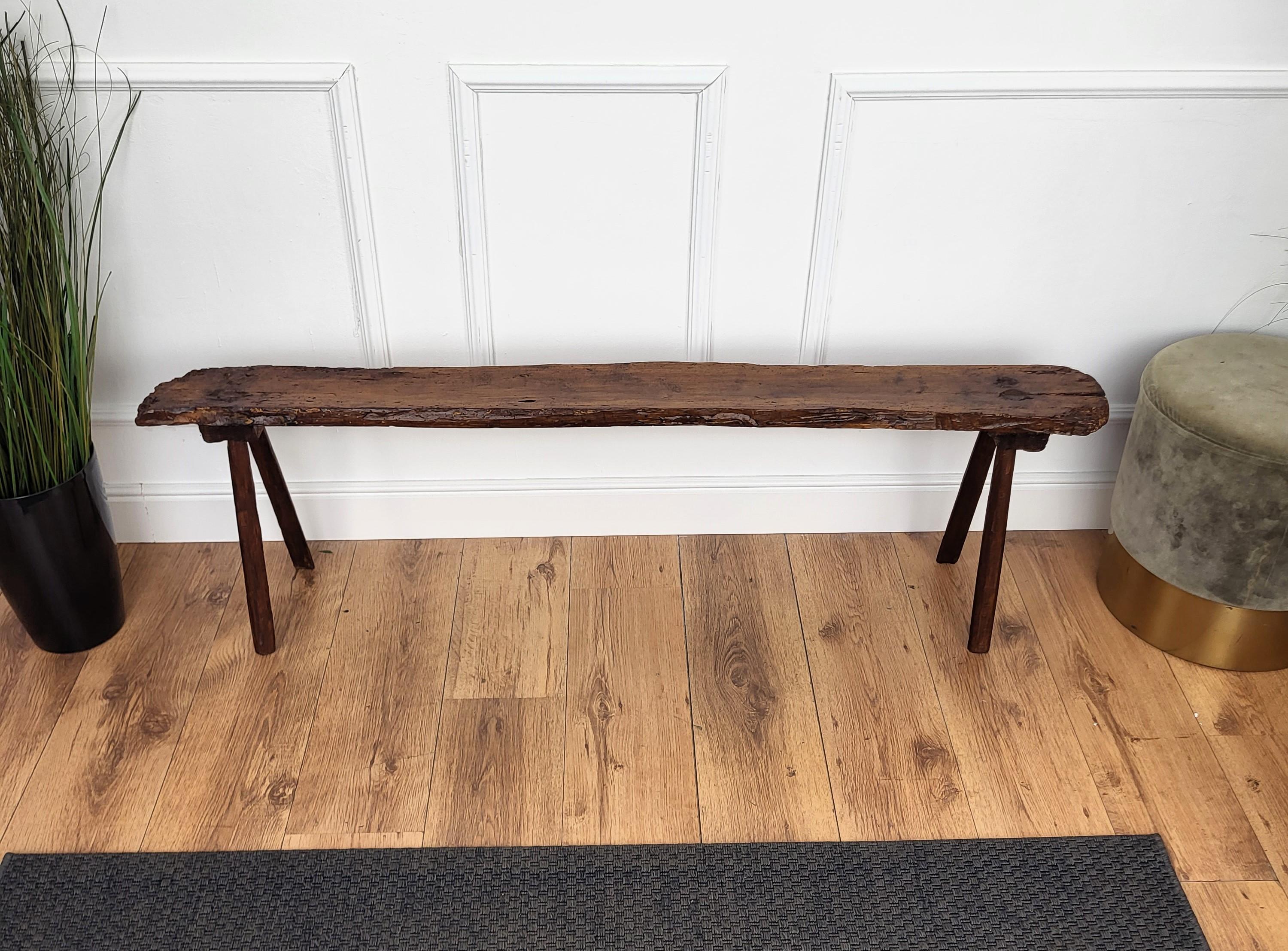 Primitive Rustic Minimal Italian Wooden Bench Stool Side Table For Sale 1