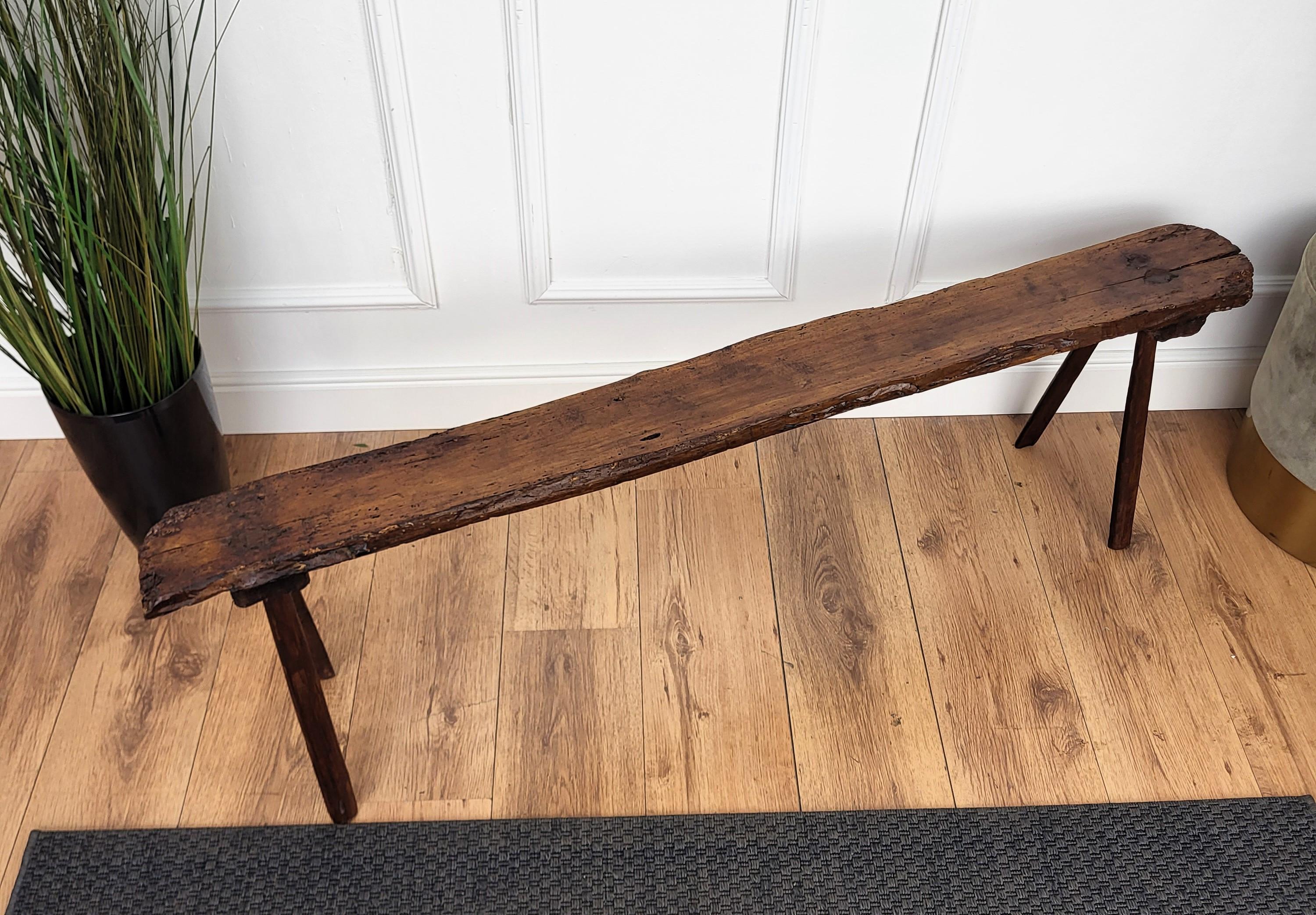Primitive Rustic Minimal Italian Wooden Bench Stool Side Table For Sale 2