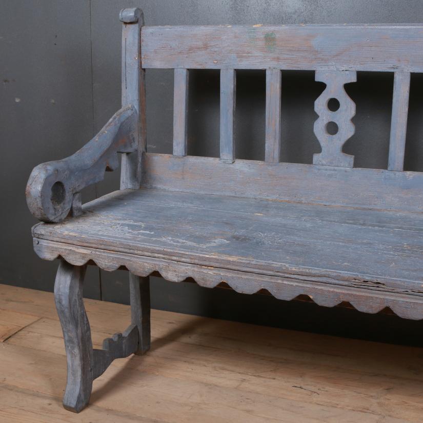Wonderful primitive original grey paint Scandinavian bench, 1840.

Height to the seat is 19.5
