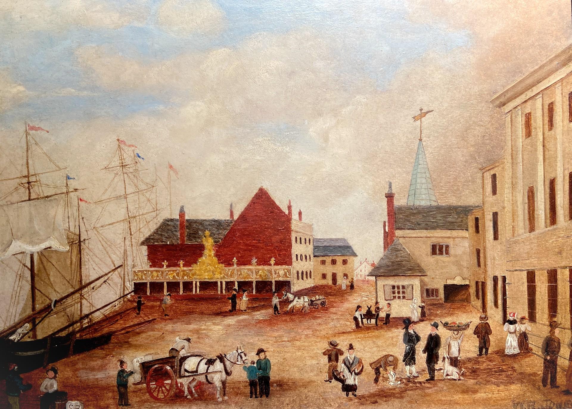 Primitive school Landscape Painting - The Old Quay, Barnstaple, 19th Century Oil Landscape