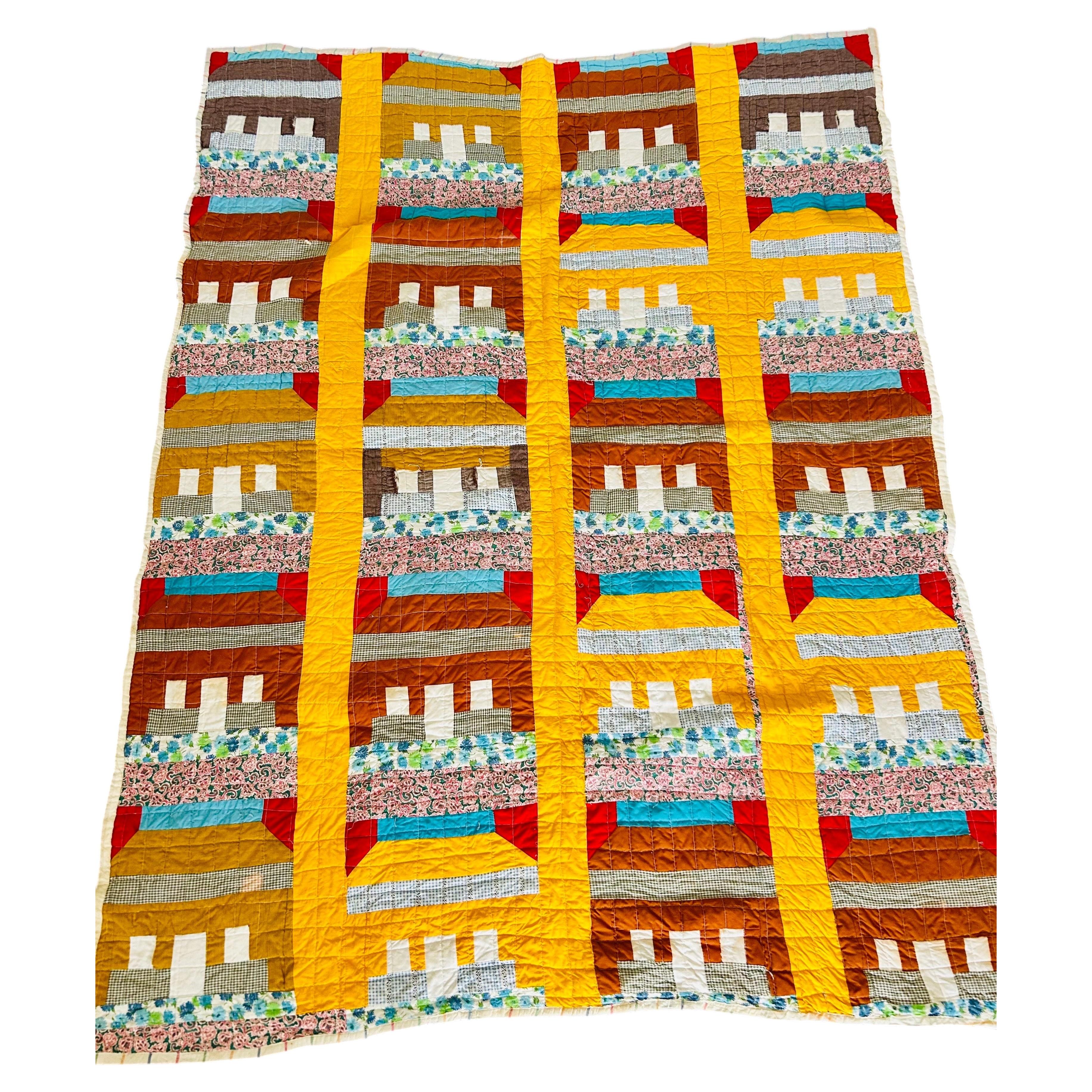 Primitive Schoolhouse Quilt, Circa 1930–1935, Folk Art