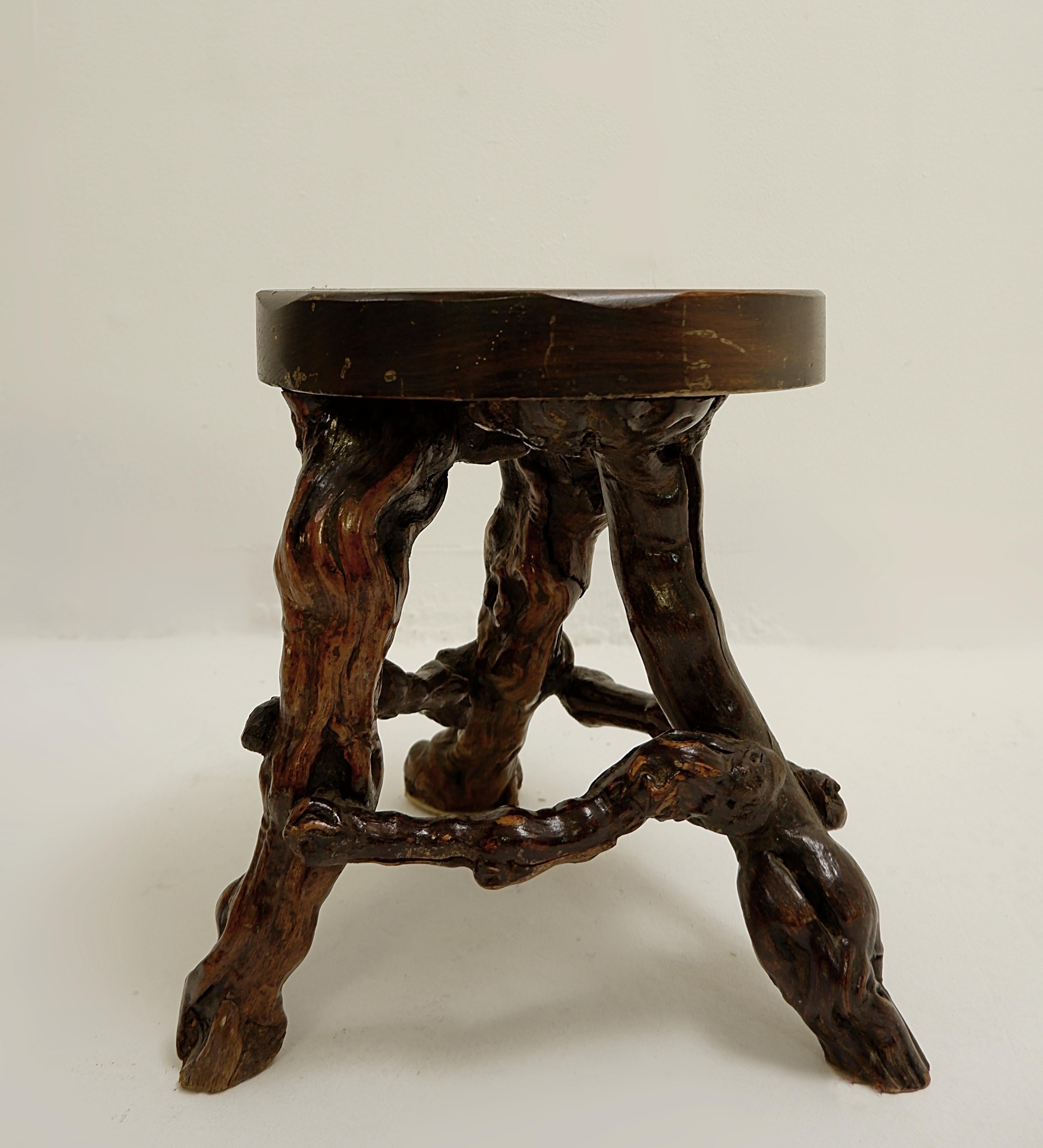 Wood Primitive Set Tabls/Stools with Round Slab Seat and Legs Constructed from Vines For Sale