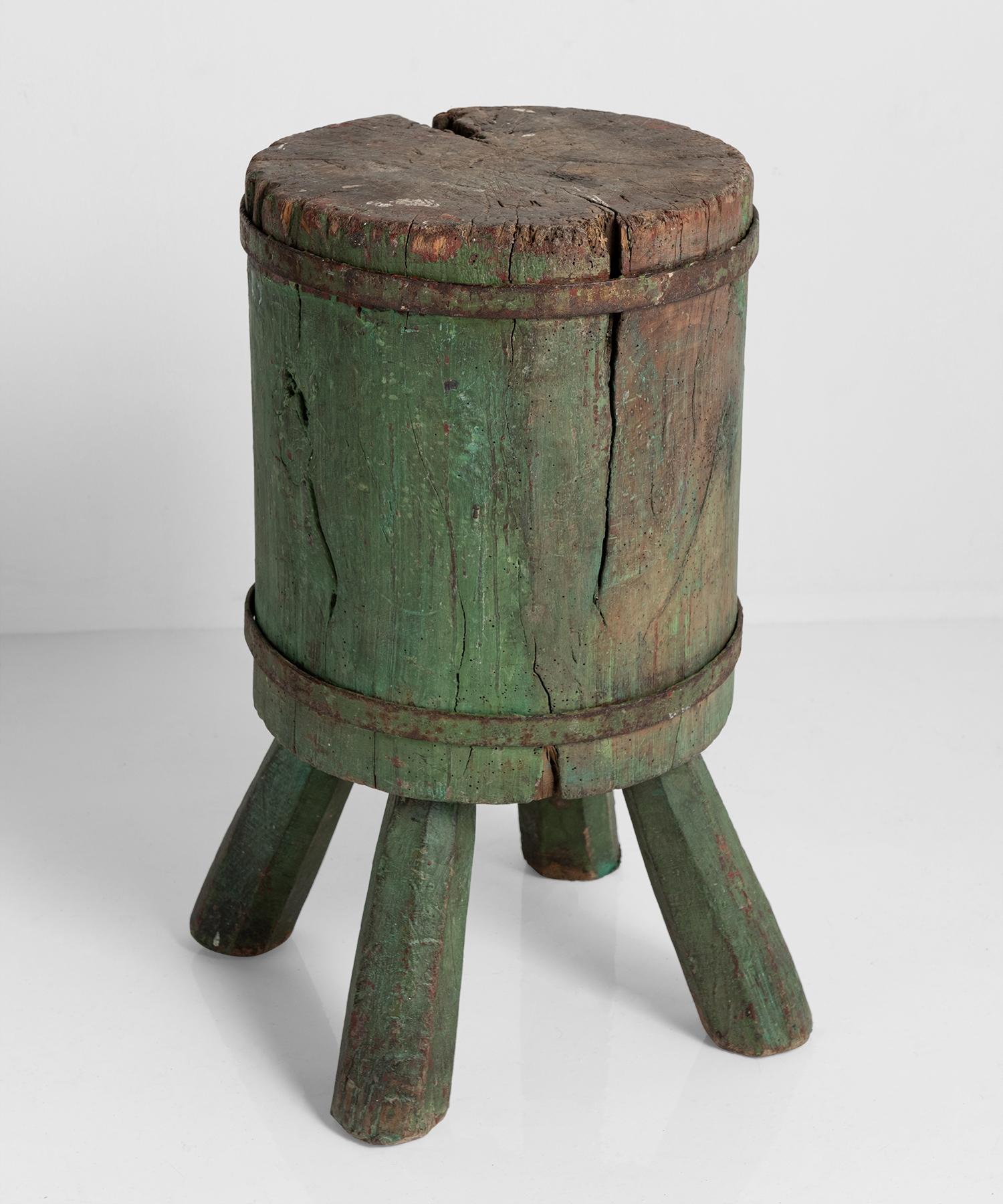 Primitive Side Table, France Early 20th C.

Iron bound wooden slab on four peg legs with original green paint.