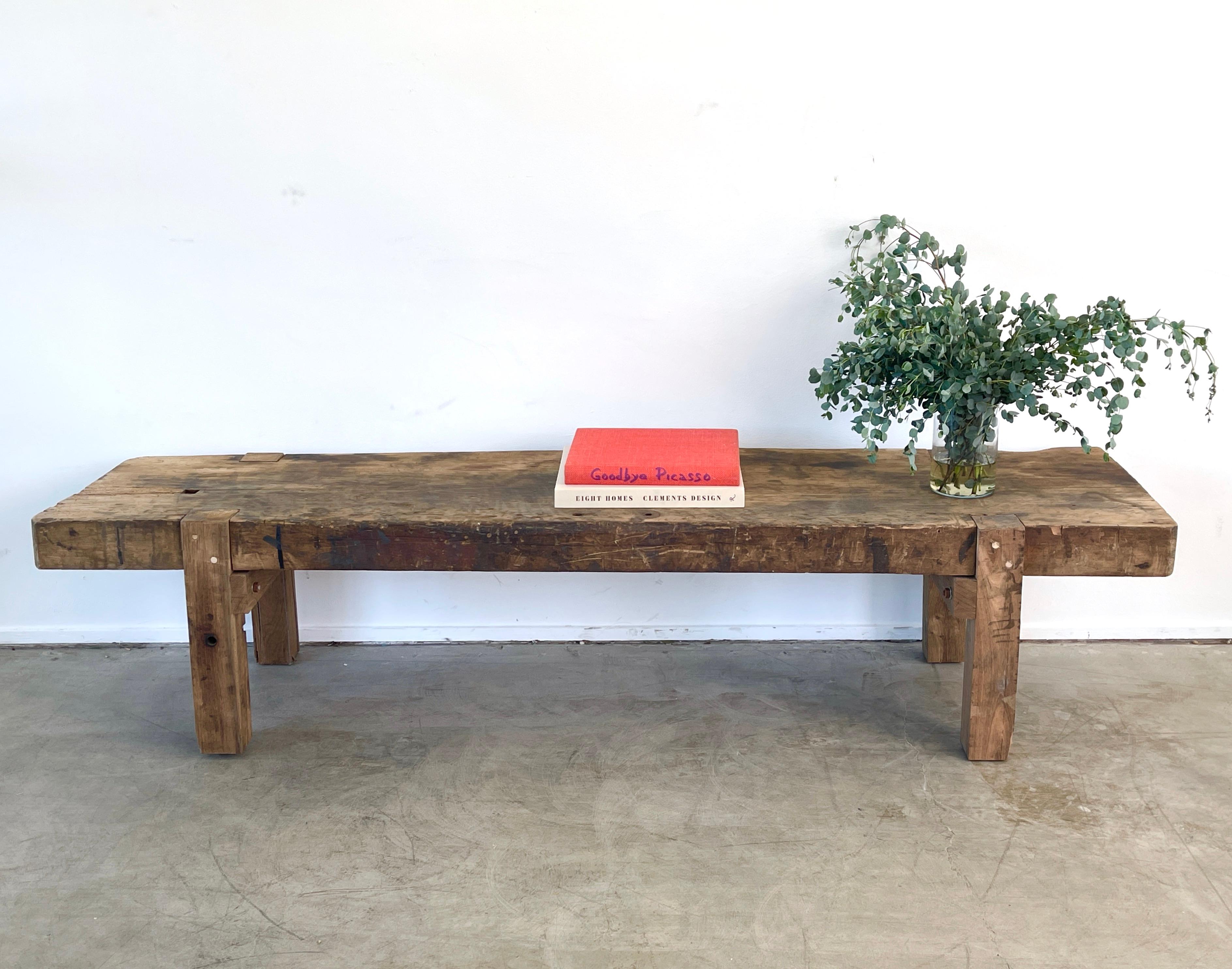 Beautiful primitive slab wood bench with great patina.