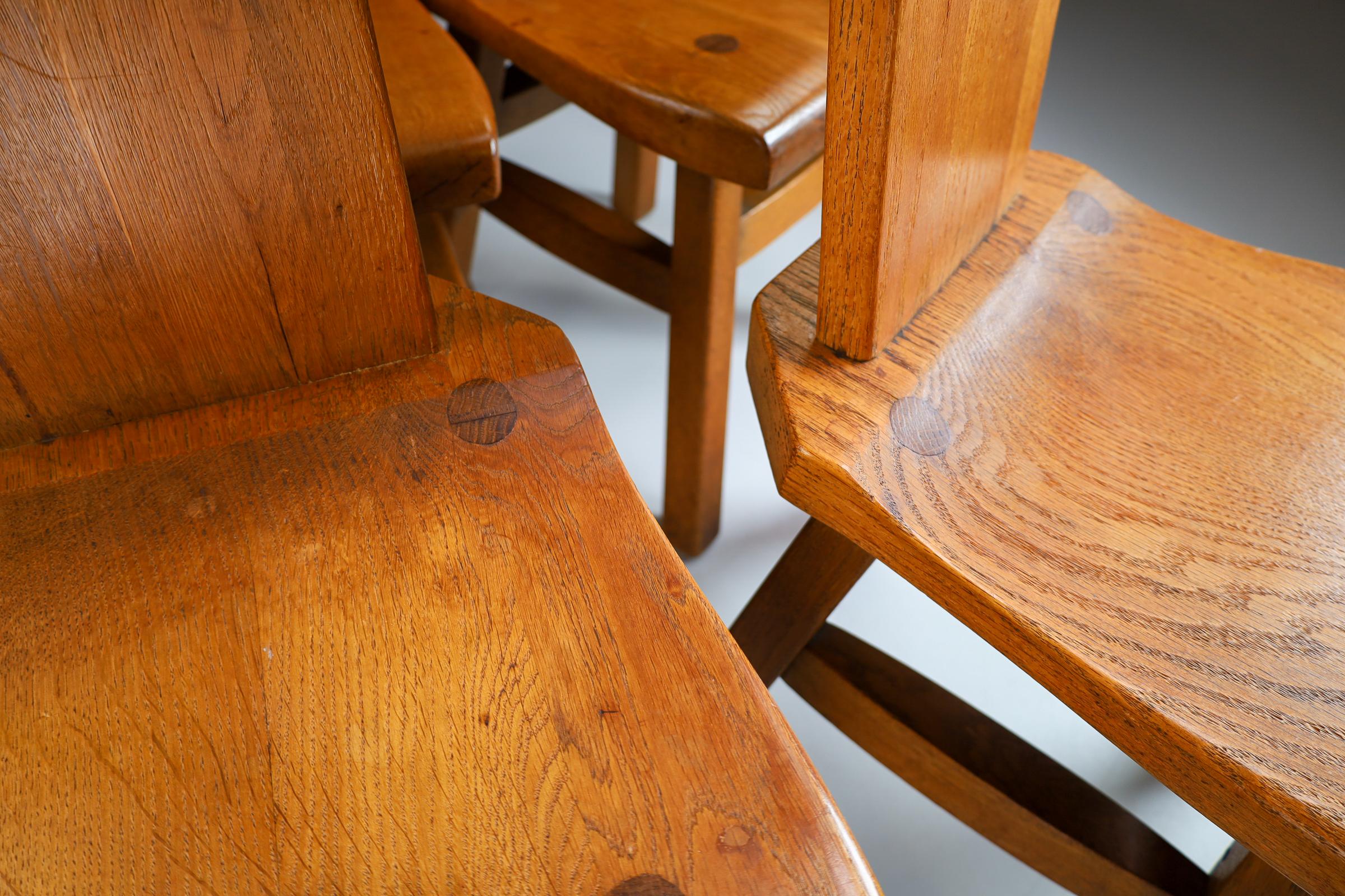 Brutalist Solid Oak Dinning Chairs, France, 1950s For Sale
