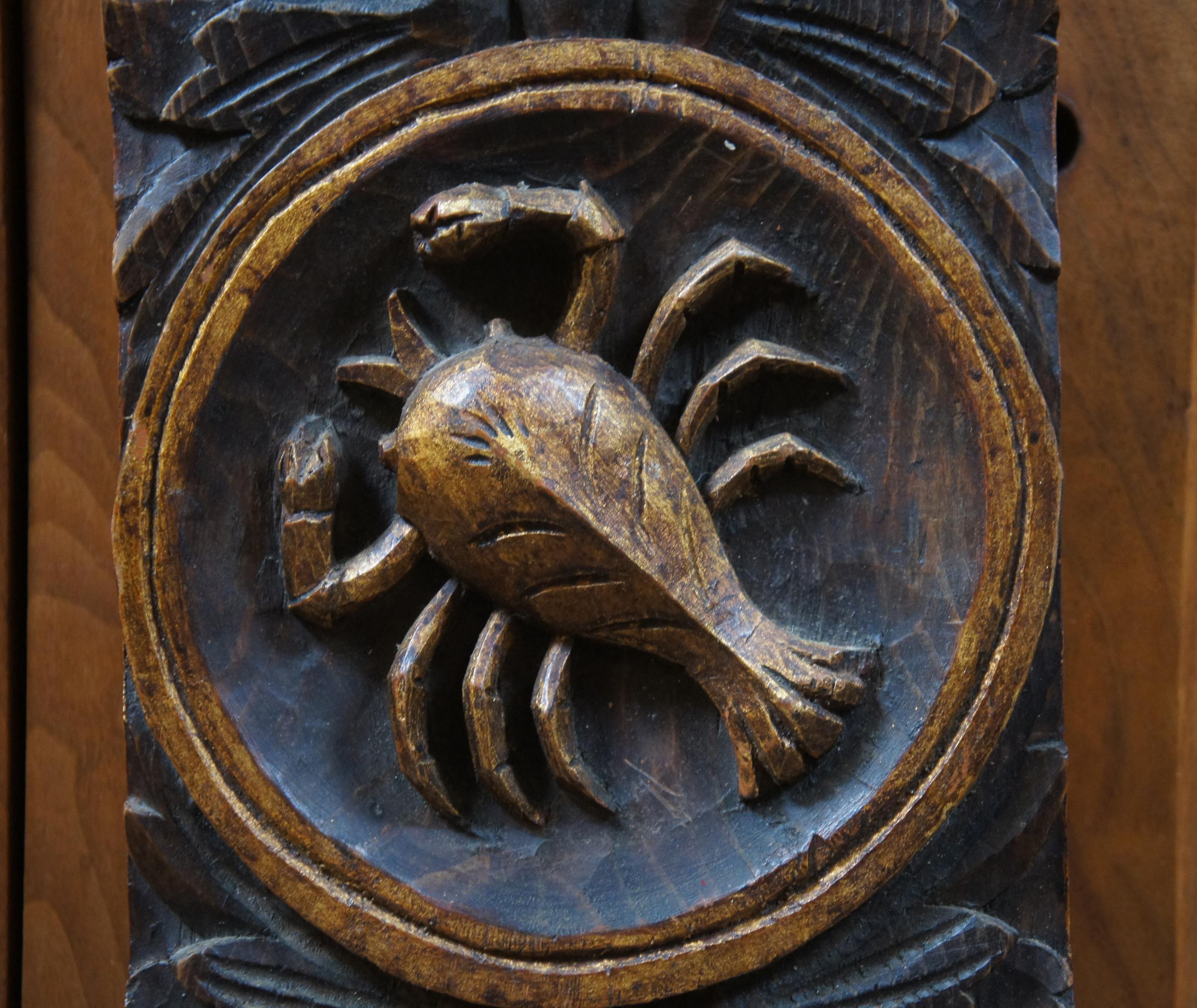 Primitive Spanish Carved Folk Art Astrology Zodiac Wall Plaque Lion Bull Lobster 2