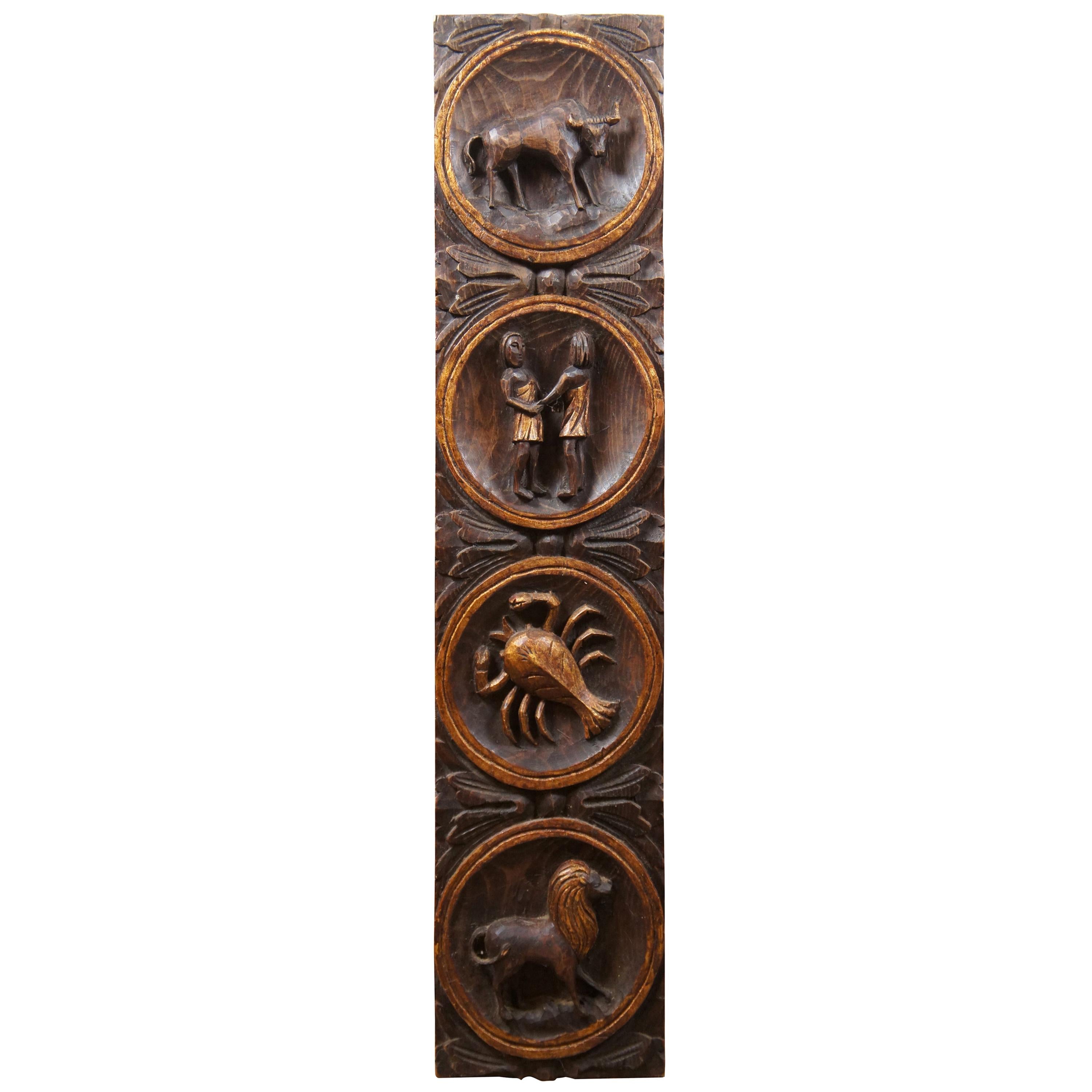 Primitive Spanish Carved Folk Art Astrology Zodiac Wall Plaque Lion Bull Lobster