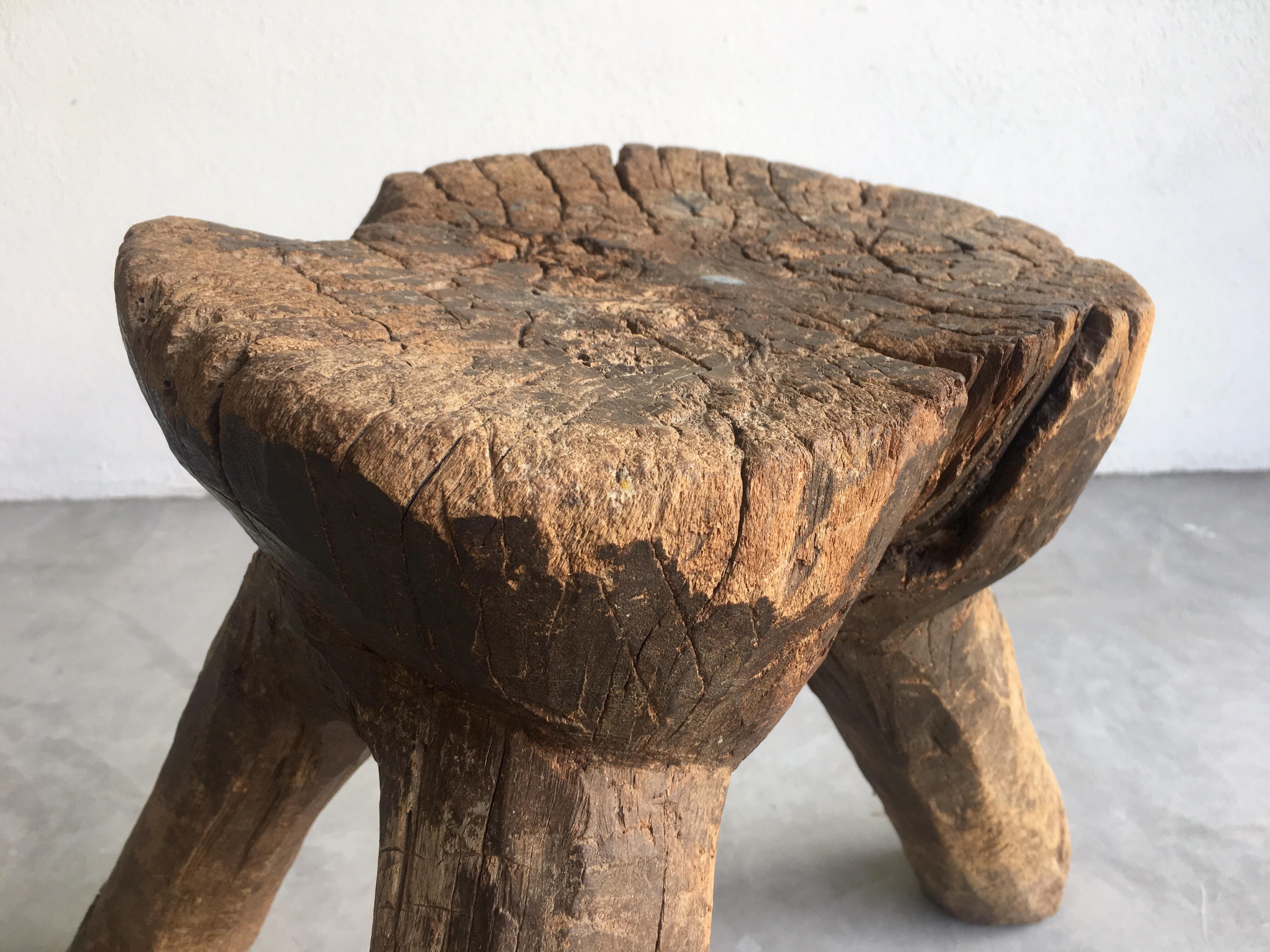 Primitive styled mesquite stool from the Sierra Gorda mountains of Guanajuato, Mexico, circa 1960s.