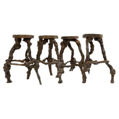 Primitive Stools with Round Slab Seat and Legs Constructed from Vines - Set of 4
