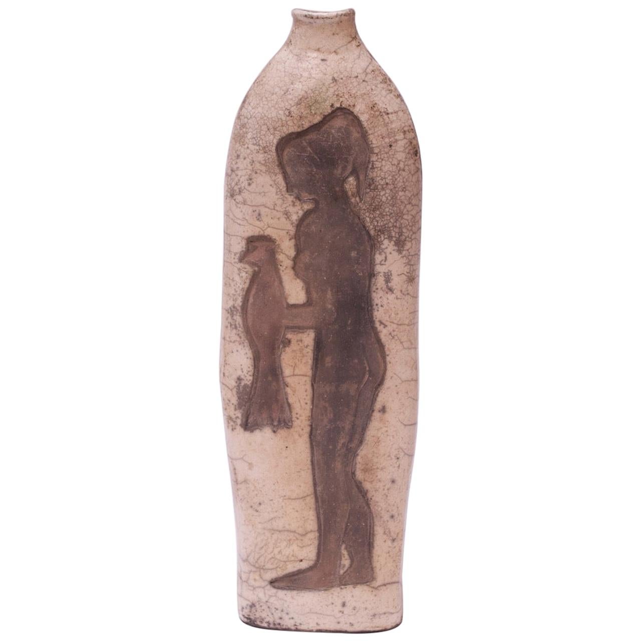 Primitive Studio Ceramic "Woman with Bird" Vase Signed Pollack, 1972