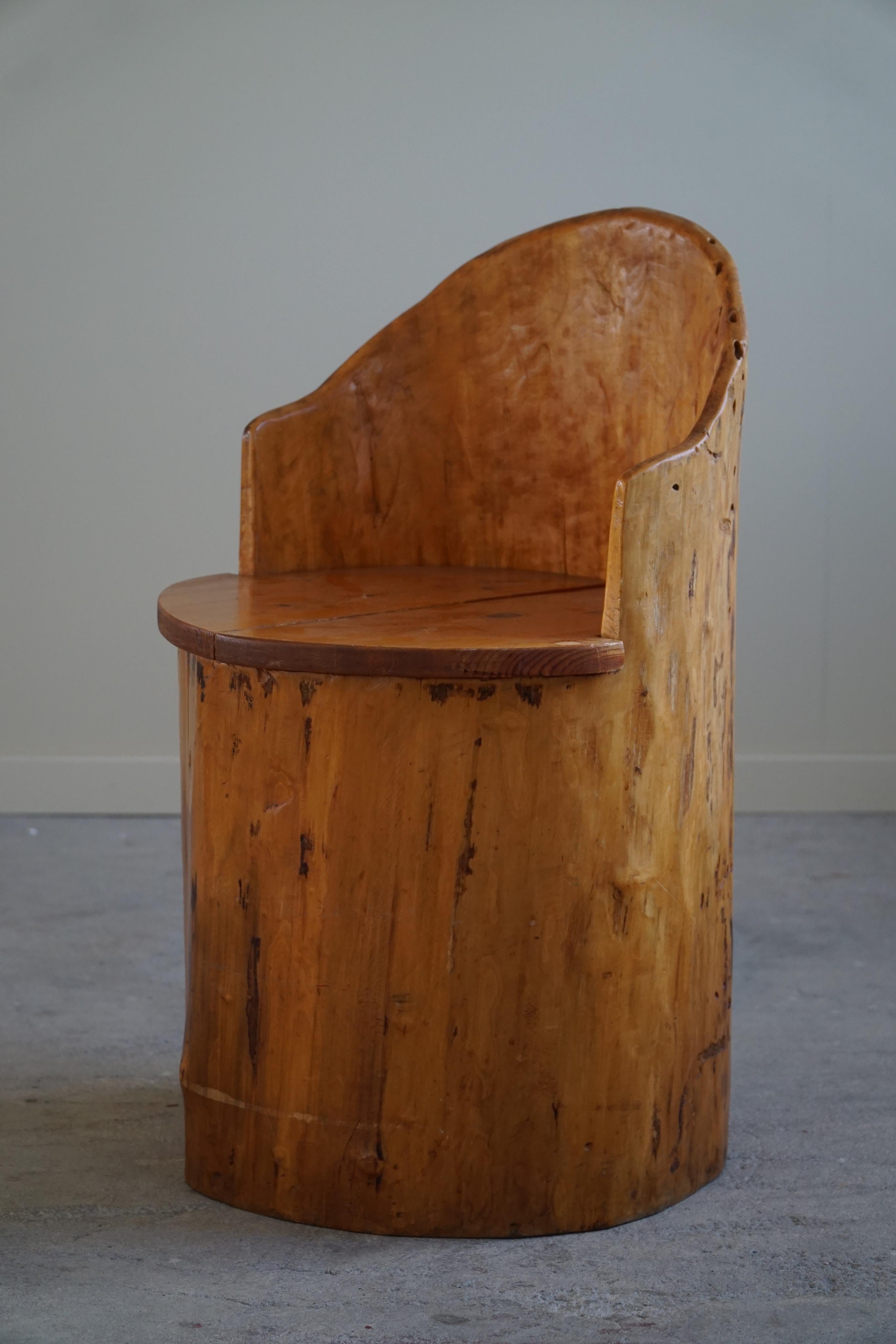 Hand-Carved Primitive Stump Chair in Pine, Hand Carved, Swedish Modern, Wabi Sabi, 1960s For Sale
