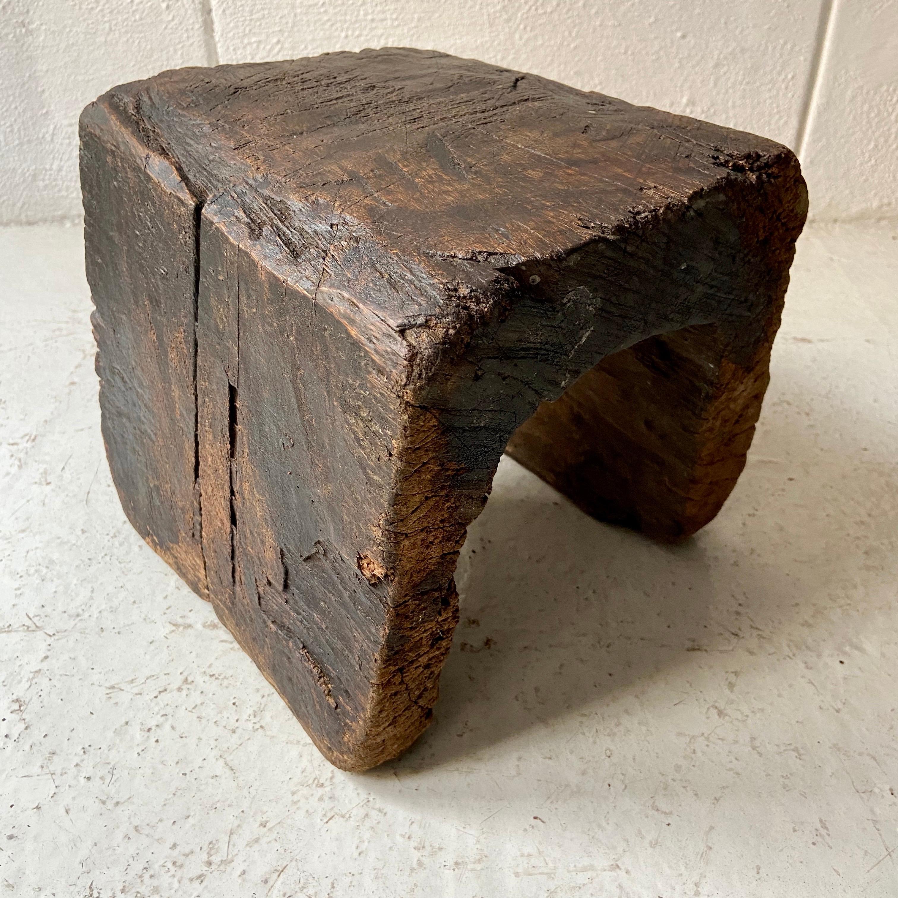Hand-Carved Primitive Styled Hardwood Dining Stool from Mexico, circa 1920s