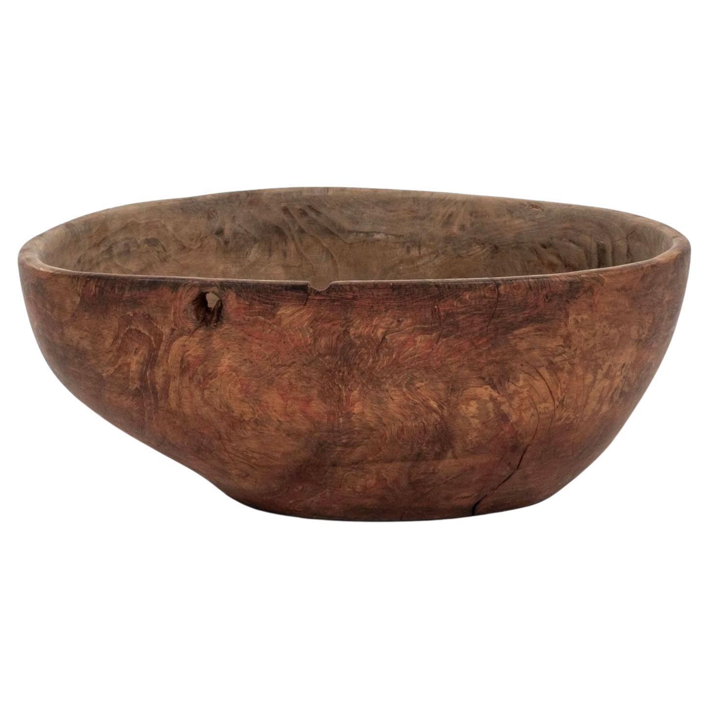 Primitive Swedish Burl Root Wood Dugout Bowl with Traces of Exterior Red Paint For Sale