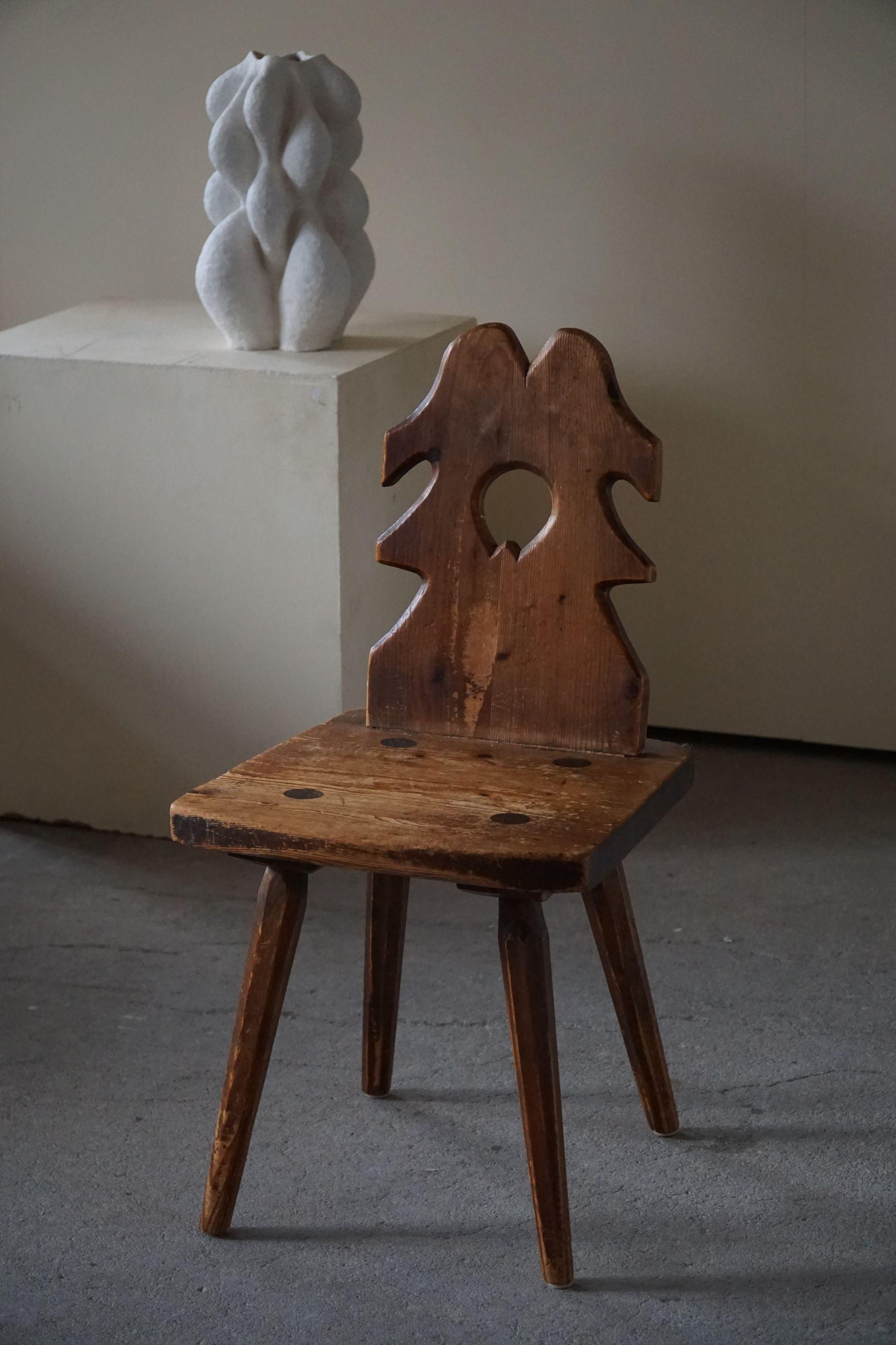 Scandinavian Modern Primitive Swedish Wooden Hand Crafted Chair, Wabi Sabi Style, Early 20th Century