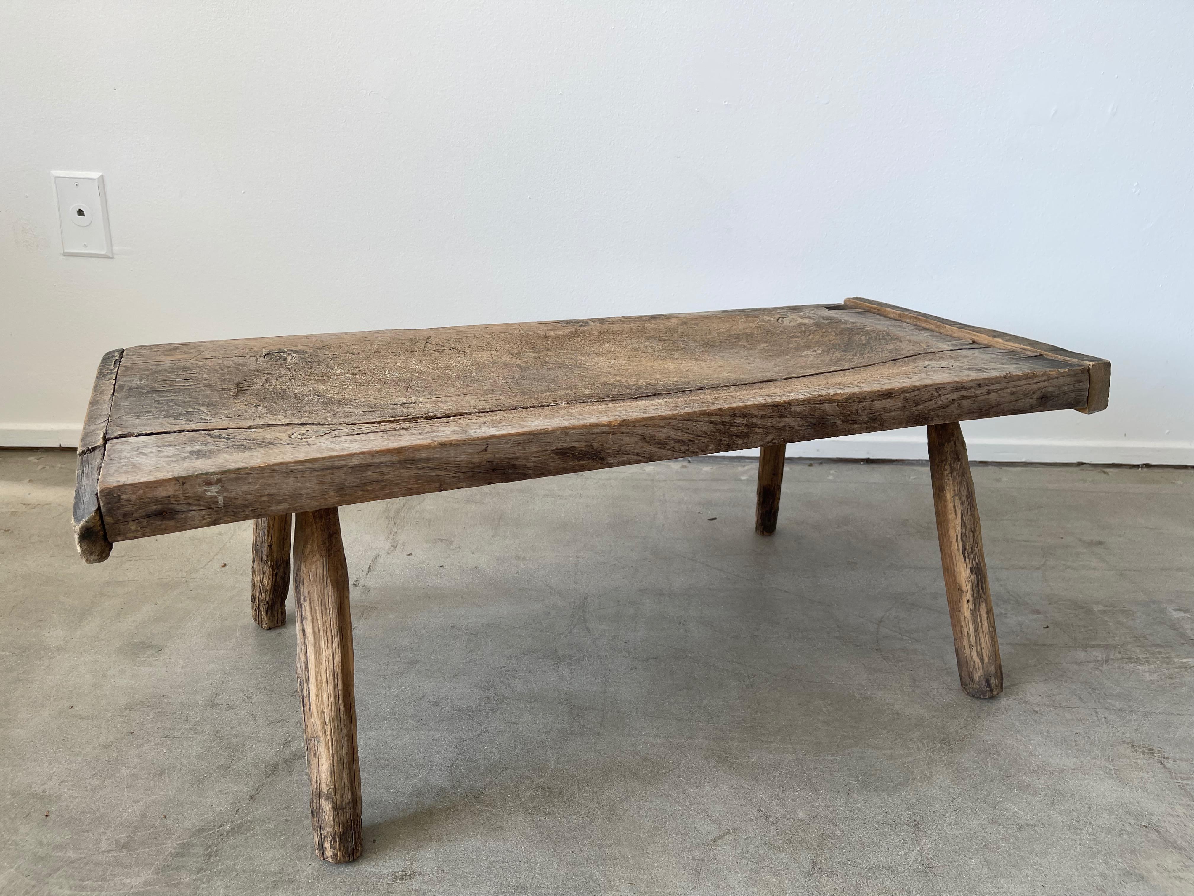 Great primitive table with wonderful character and lines. 
Splayed legs with center crack - that can only come with decades of wear!