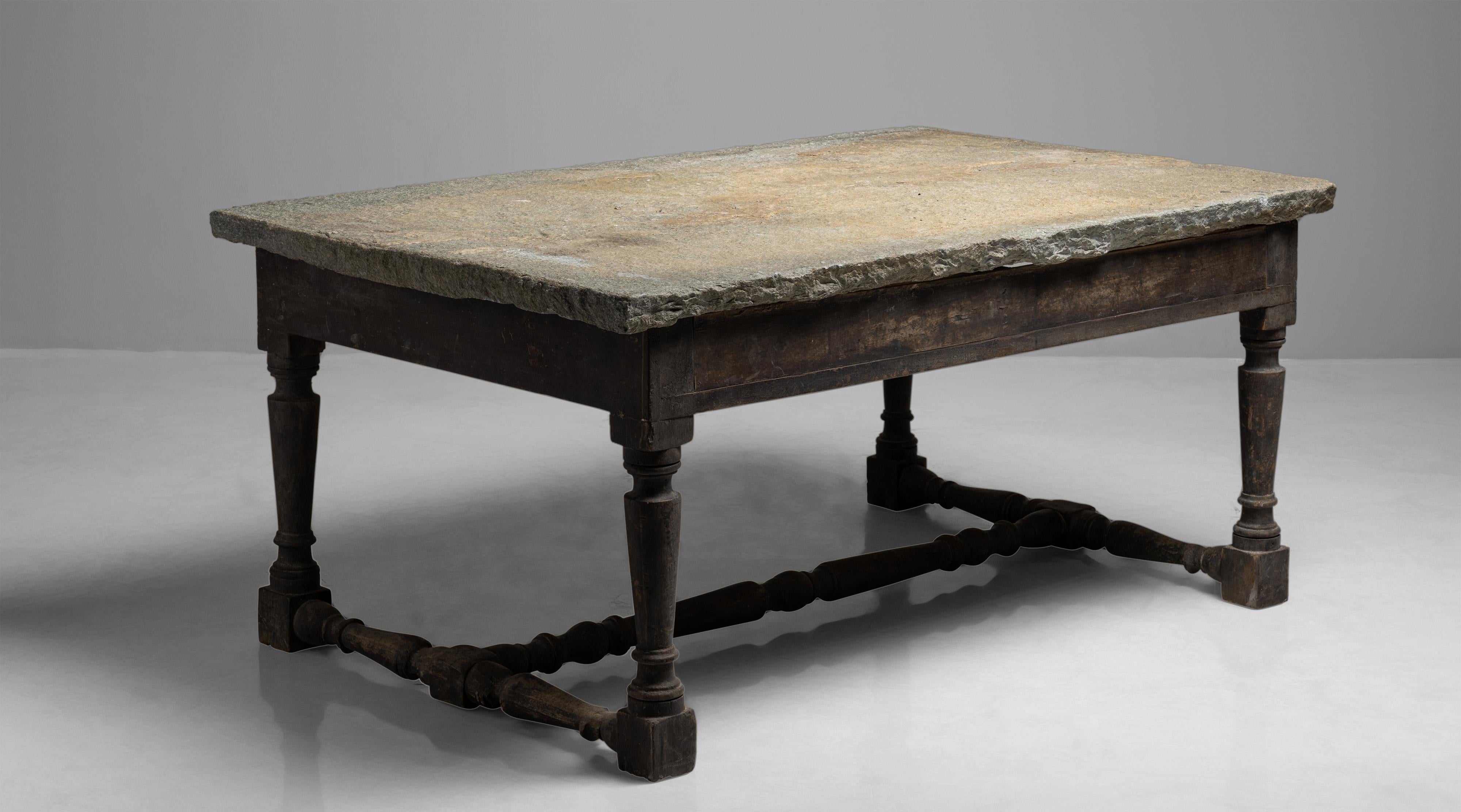 Primitive table with granite top

circa 1900

Substantial slab of granite on top of weathered oak base, with turned legs and stretcher.

Measures: 63.5” W x 40.5” D x 28.75” H.

$ 12,500.


 