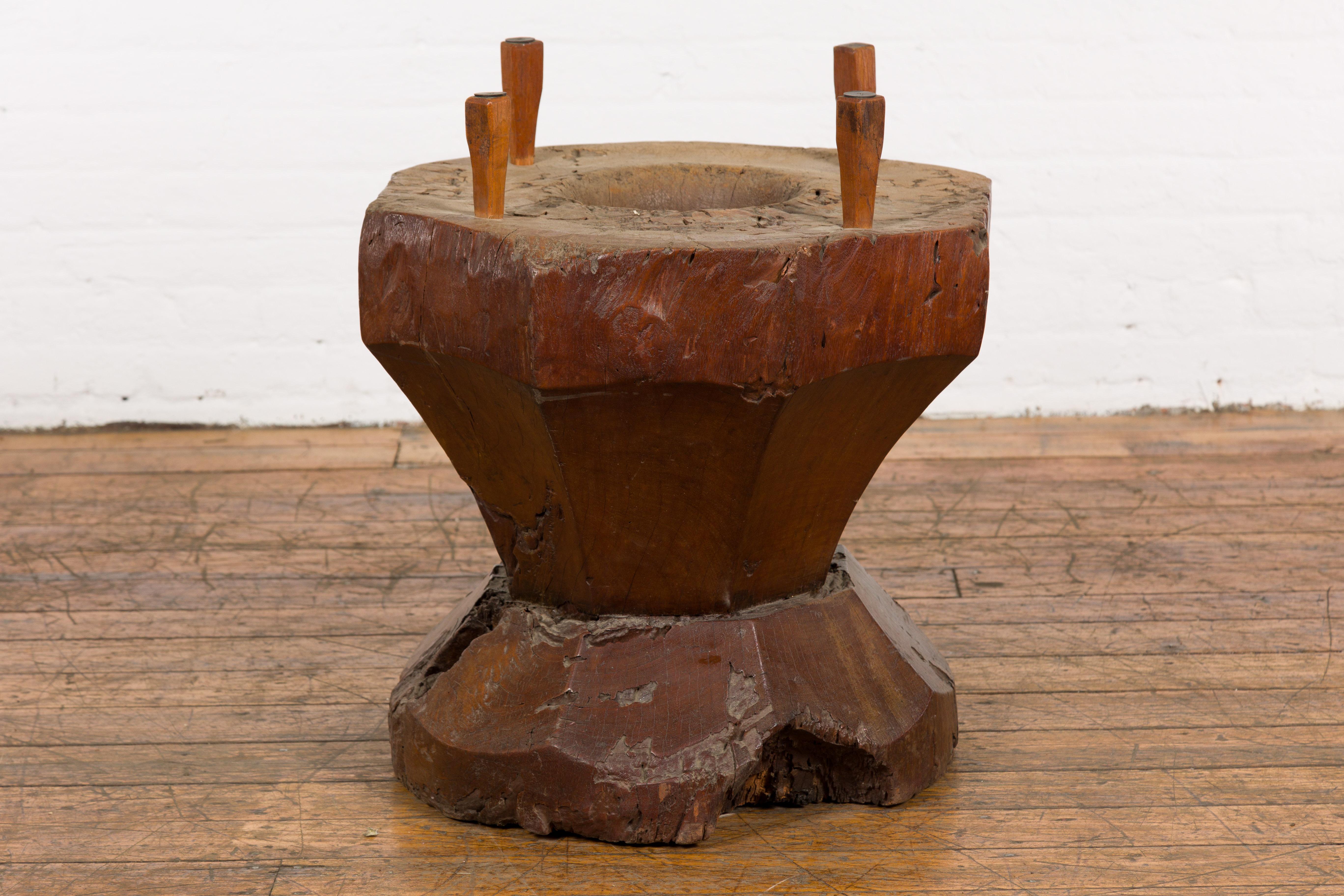 Primitive Teak Wood Mortar Made into a Side Table Base, Glass not Included For Sale 2