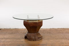 Primitive Teak Wood Mortar Made into a Side Table Base, Glass not Included