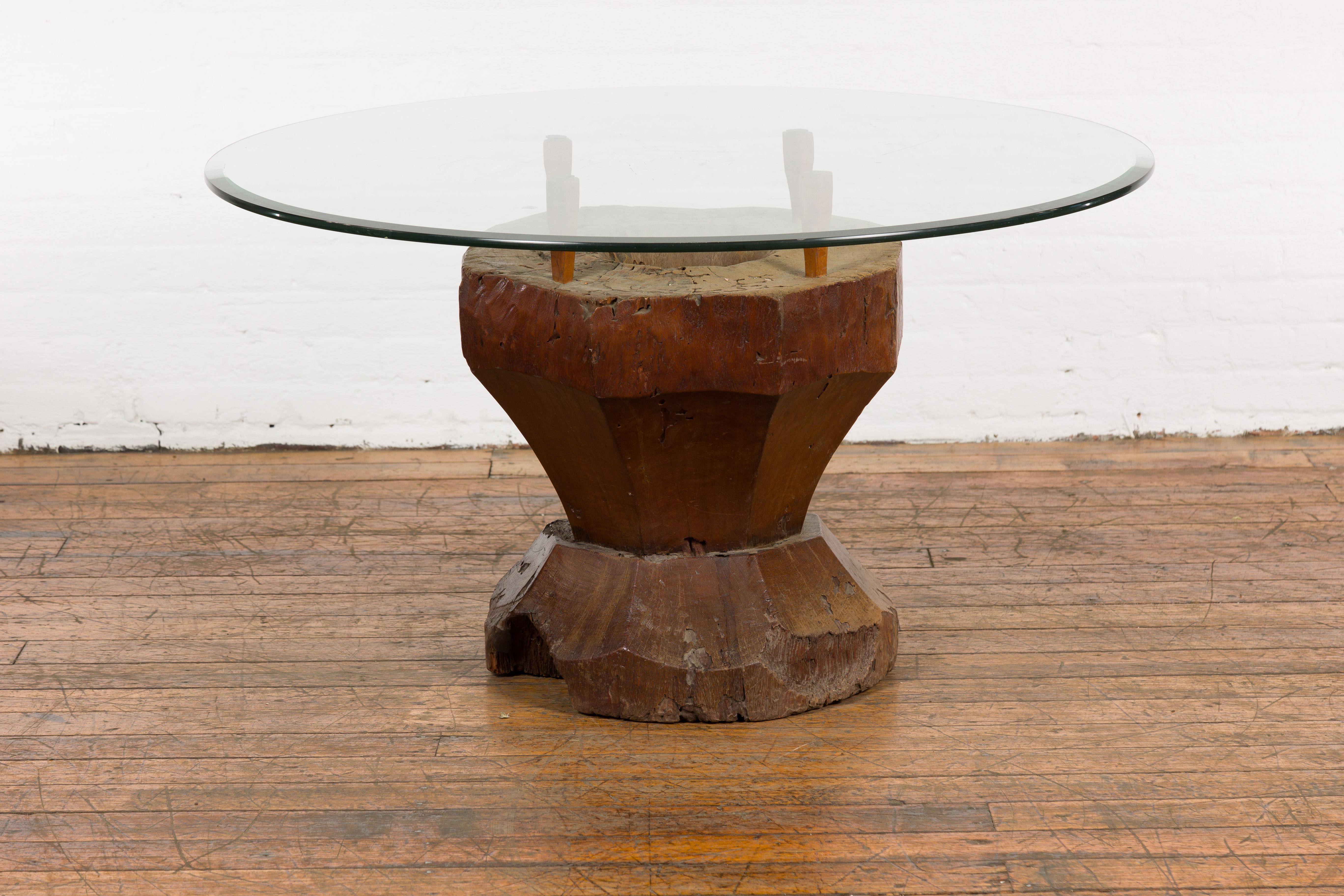 Rustic Primitive Teak Wood Mortar Made into a Side Table Base, Glass not Included For Sale