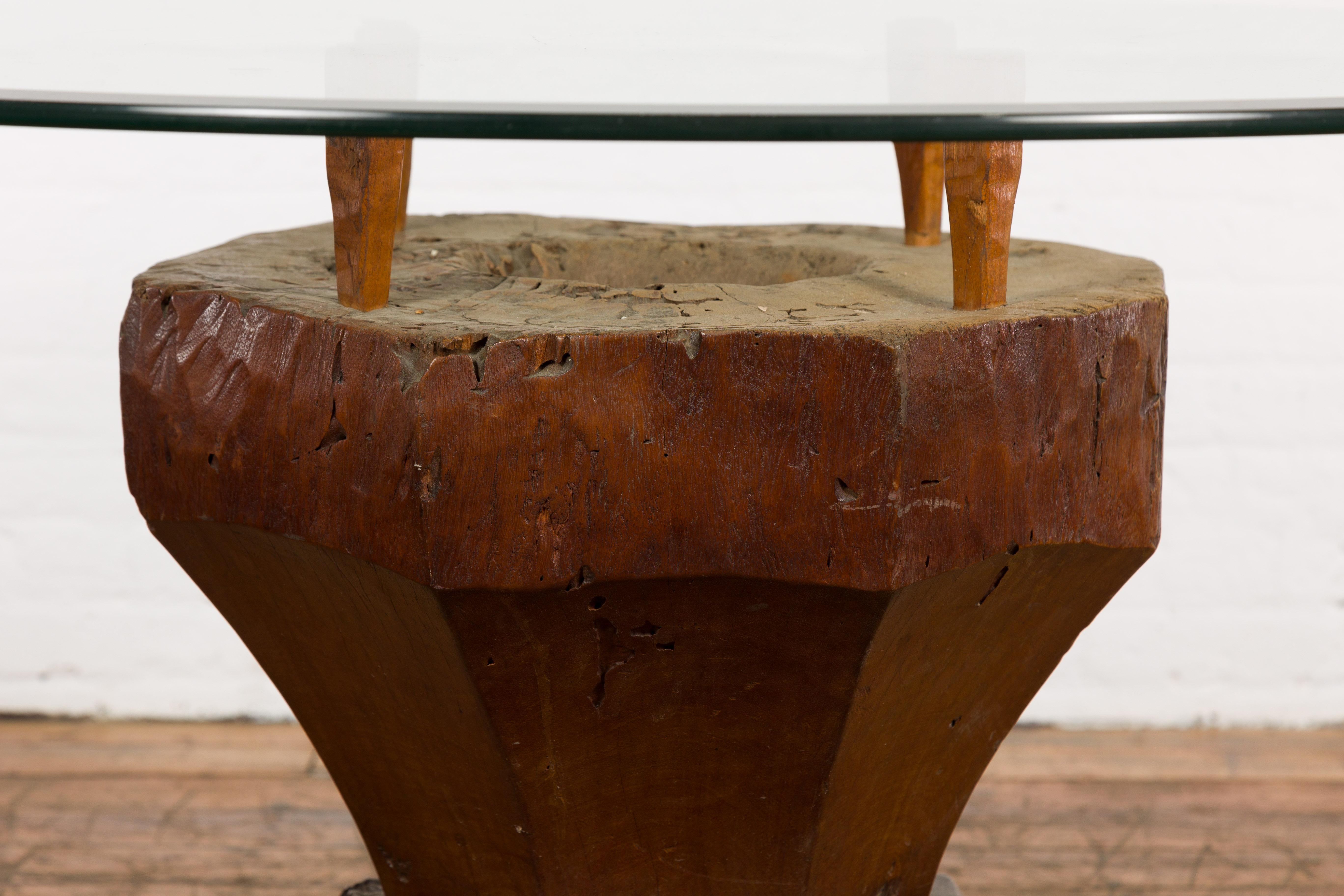 Indonesian Primitive Teak Wood Mortar Made into a Side Table Base, Glass not Included For Sale