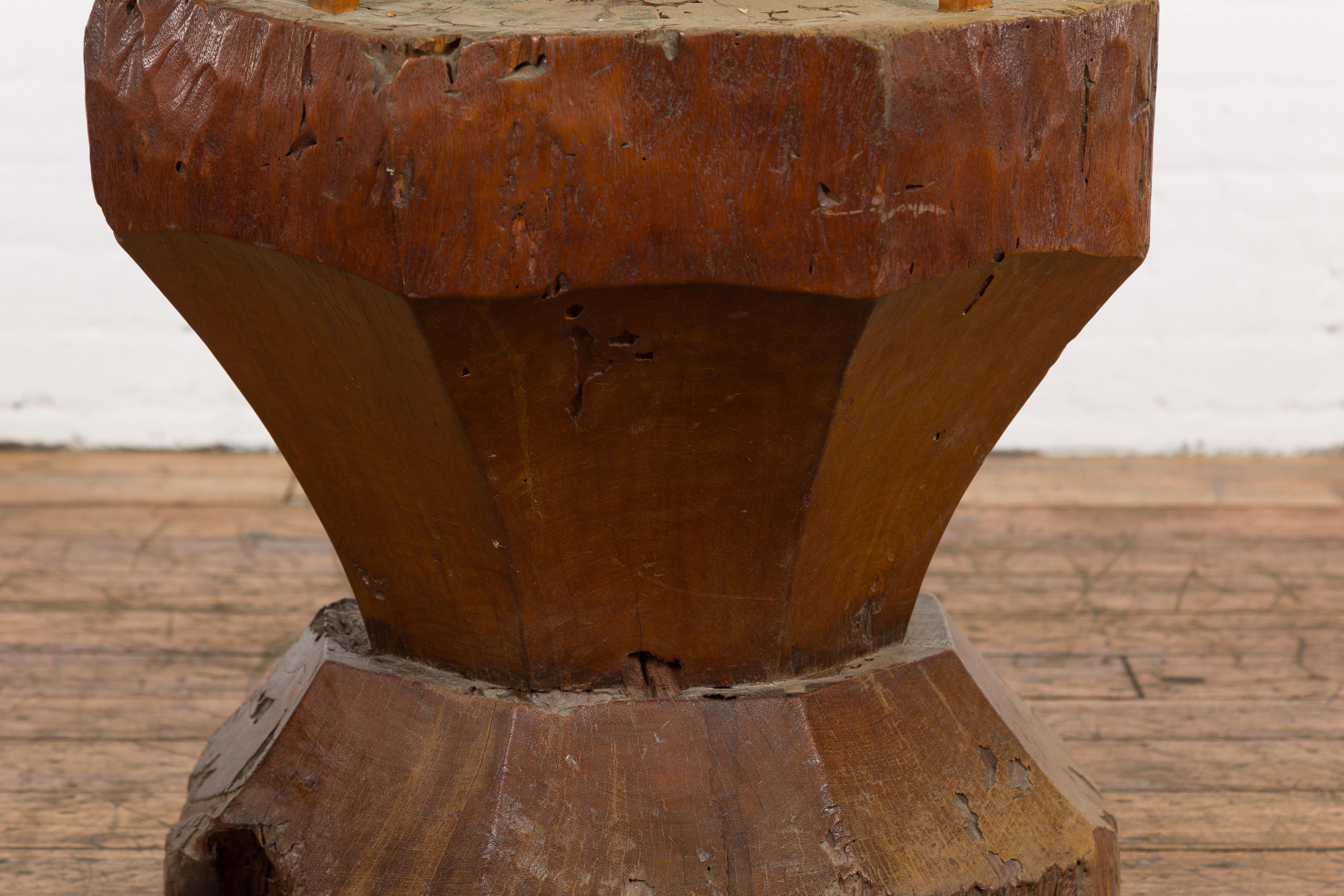 Carved Primitive Teak Wood Mortar Made into a Side Table Base, Glass not Included For Sale