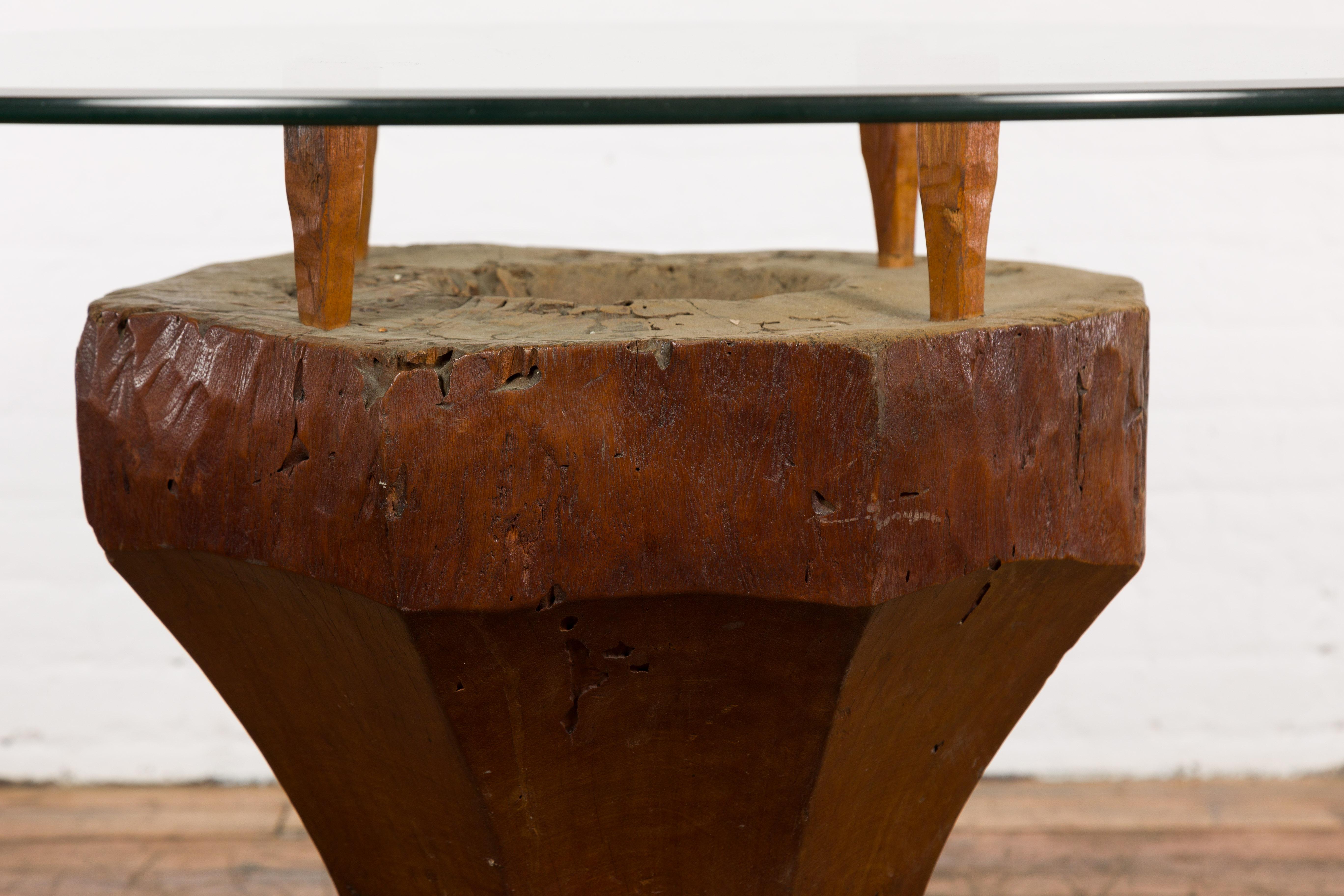 19th Century Primitive Teak Wood Mortar Made into a Side Table Base, Glass not Included For Sale