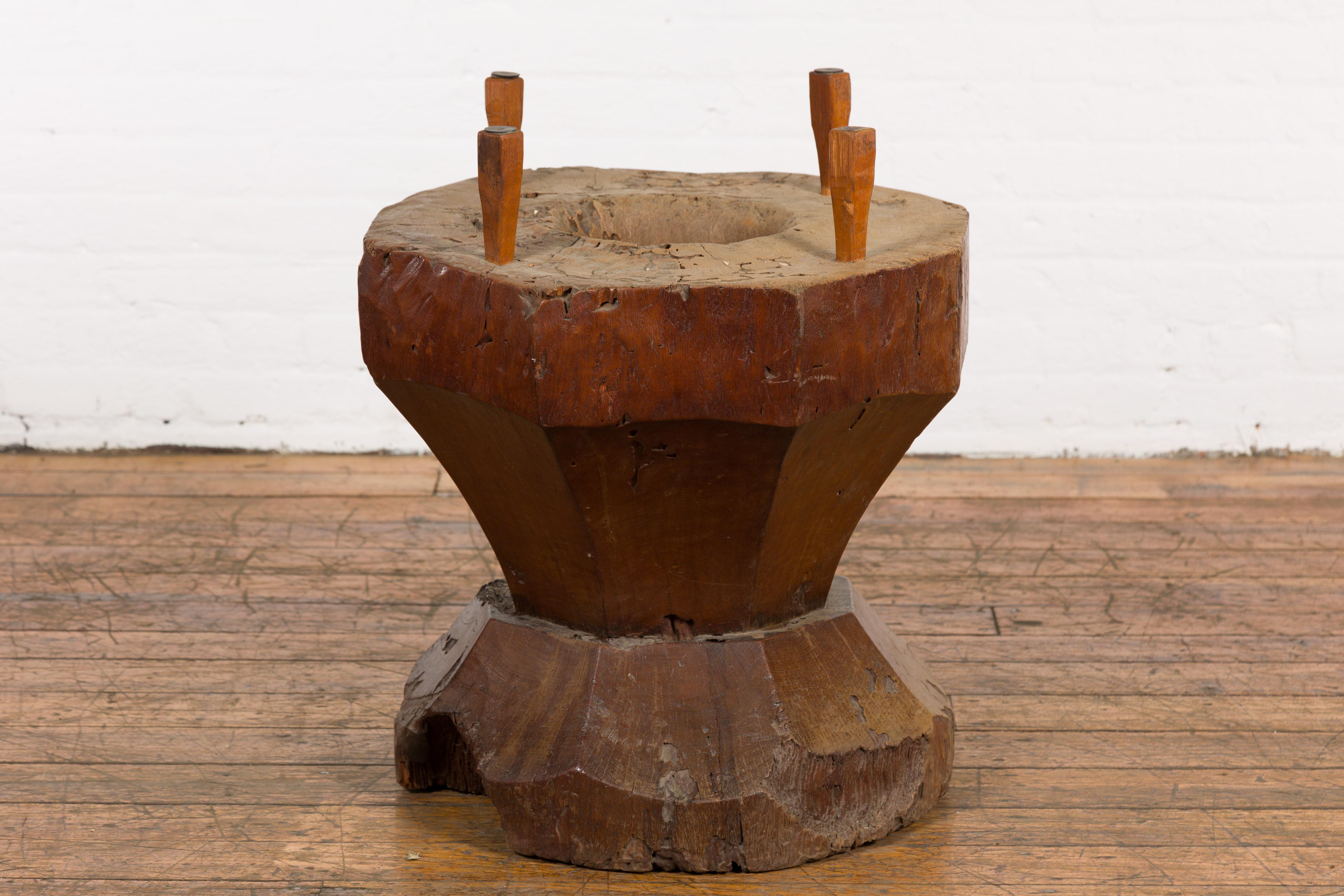Primitive Teak Wood Mortar Made into a Side Table Base, Glass not Included For Sale 1