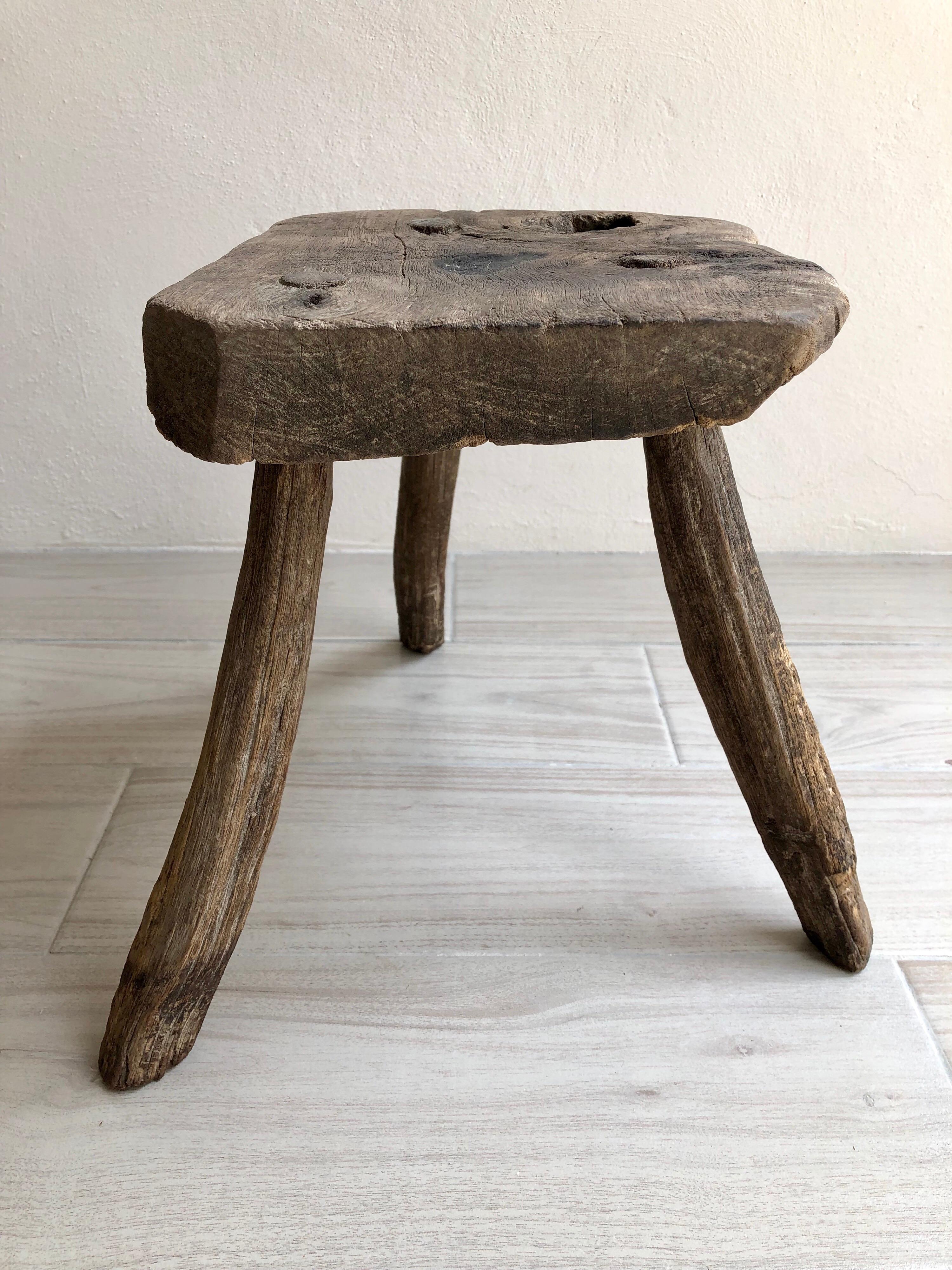 Hand-Carved Primitive Three-Legged Stool From Mexico
