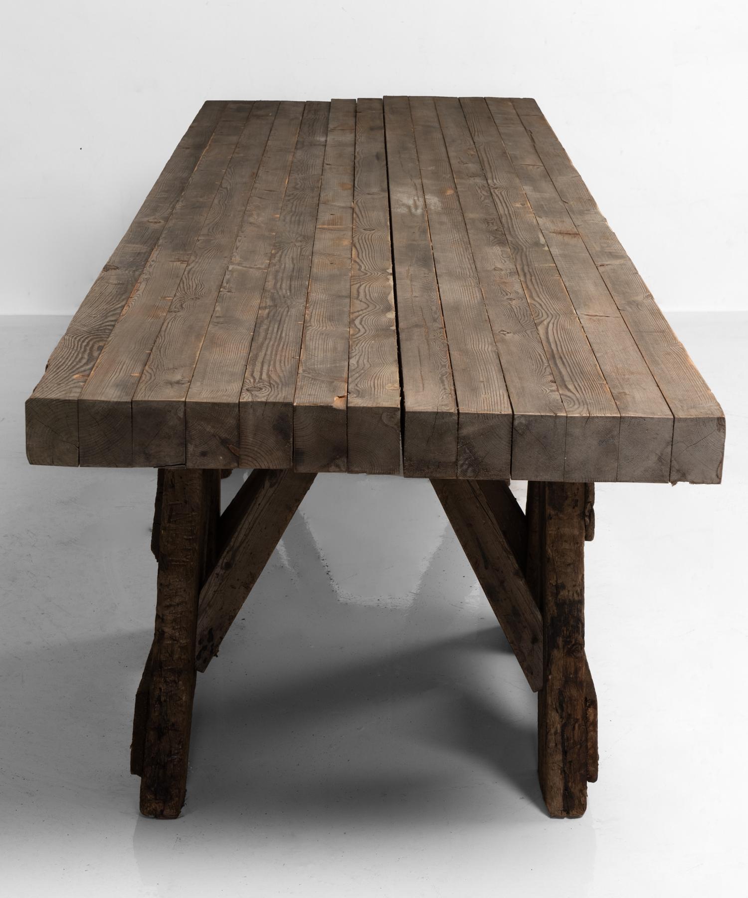 French Primitive Work / Dining Trestle Table, France, circa 1930