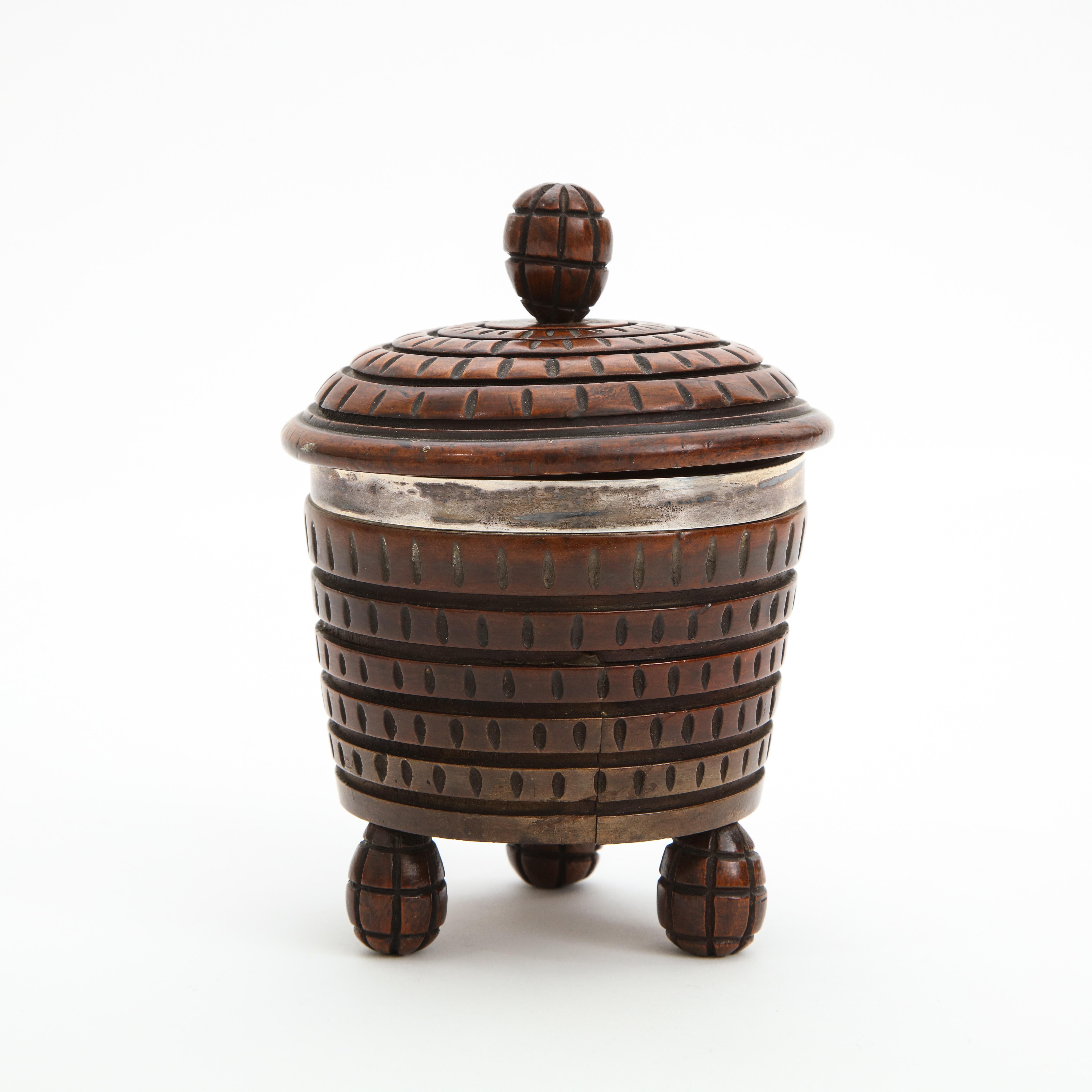Belgian Primitive Hand Carved Tripodal Tea Caddy Box with Metal Trim, Belgium 1940's For Sale
