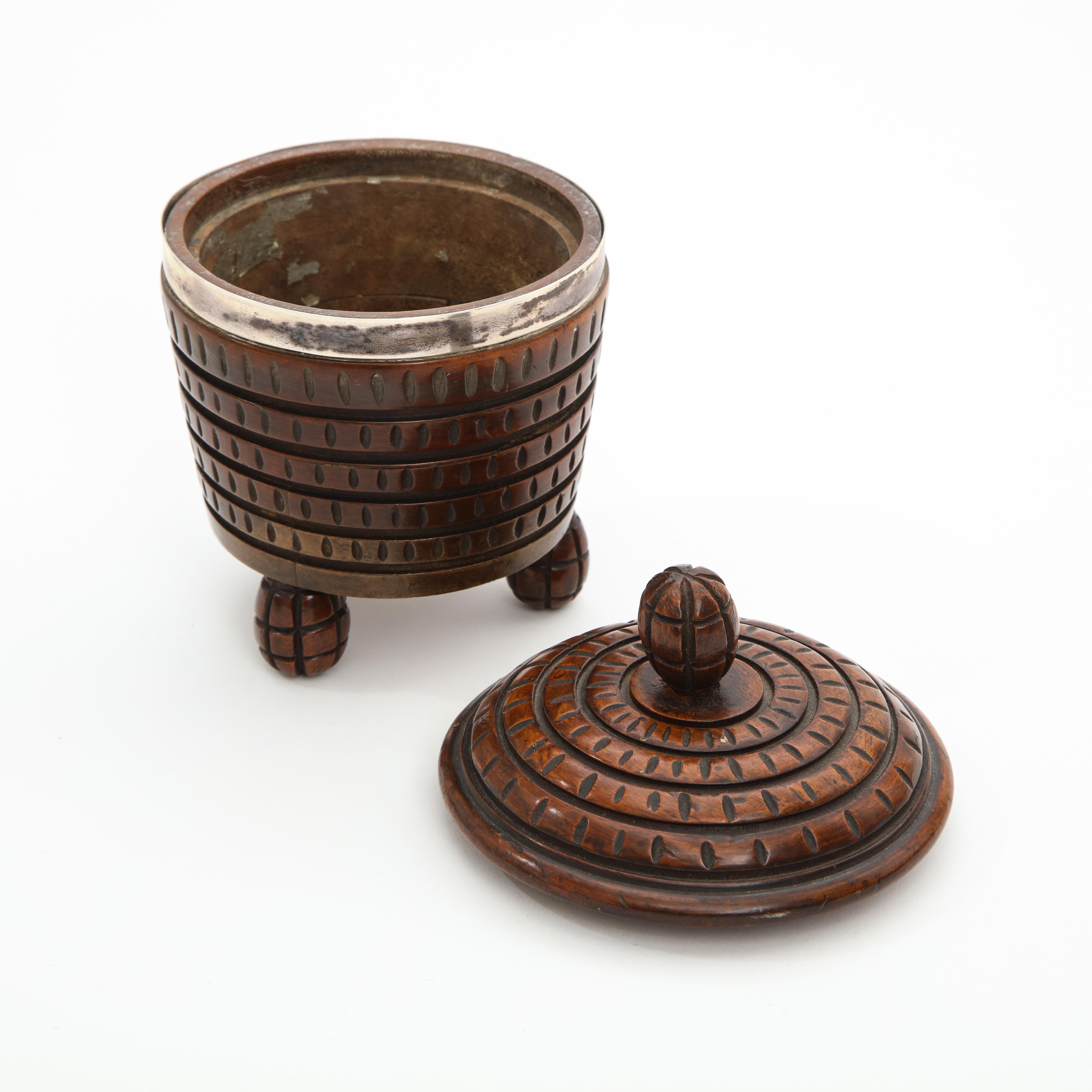 Primitive Hand Carved Tripodal Tea Caddy Box with Metal Trim, Belgium 1940's In Good Condition For Sale In New York, NY