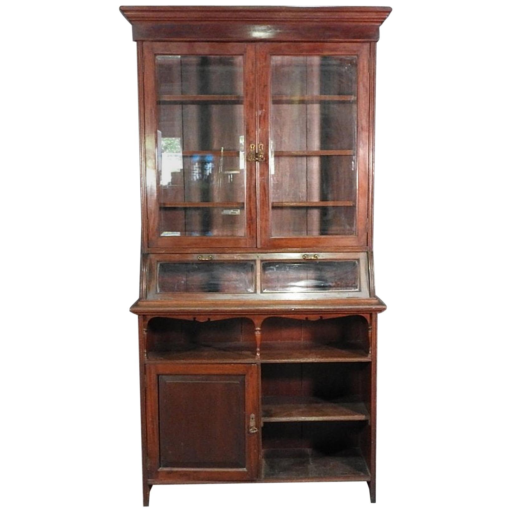 Primitive Two-Door Glass Mahogany China Cabinet Hutch Cupboard, circa 1900