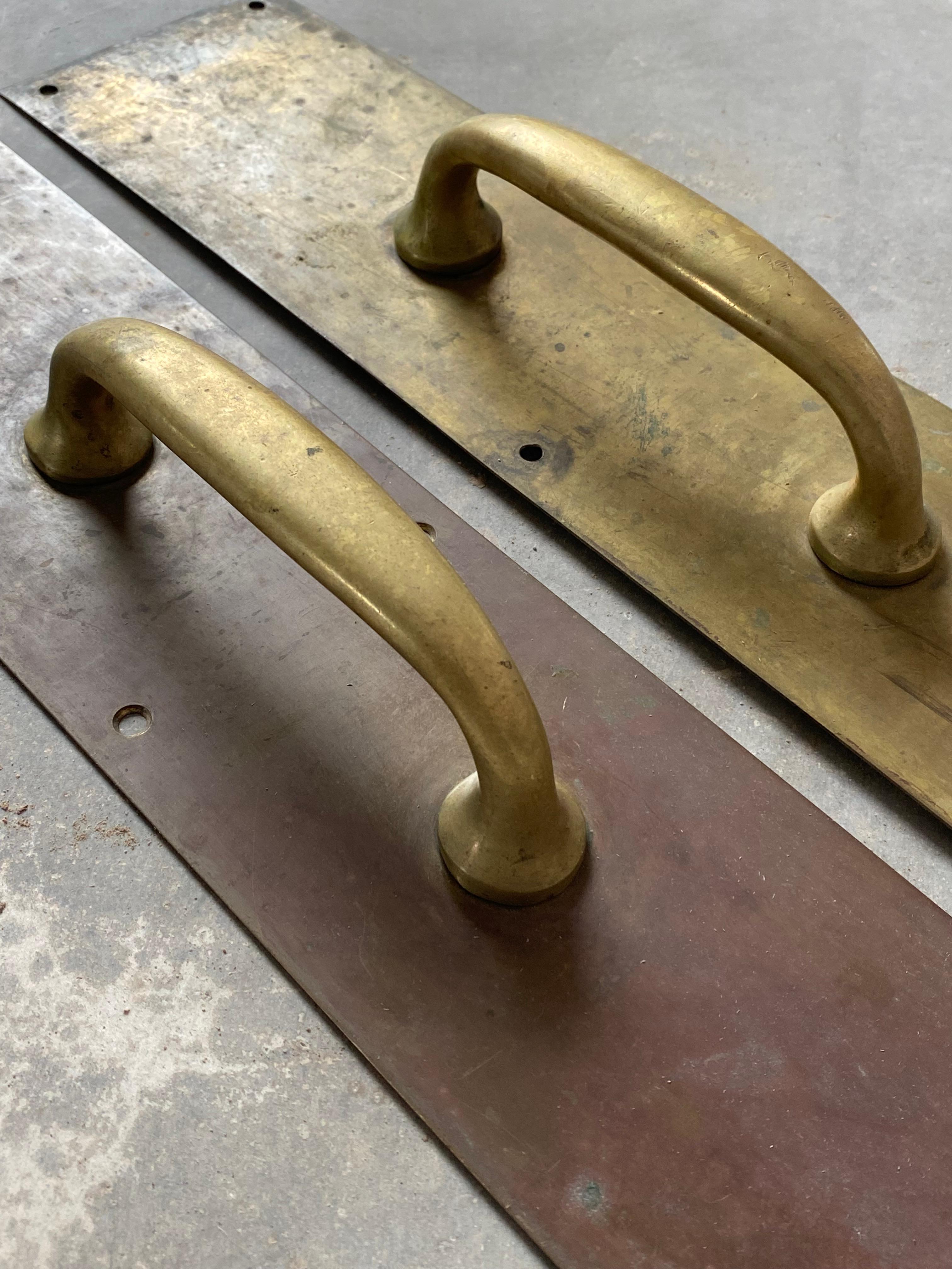 20th Century Primitive Unlacquered Brass Door Pulls, A Pair For Sale