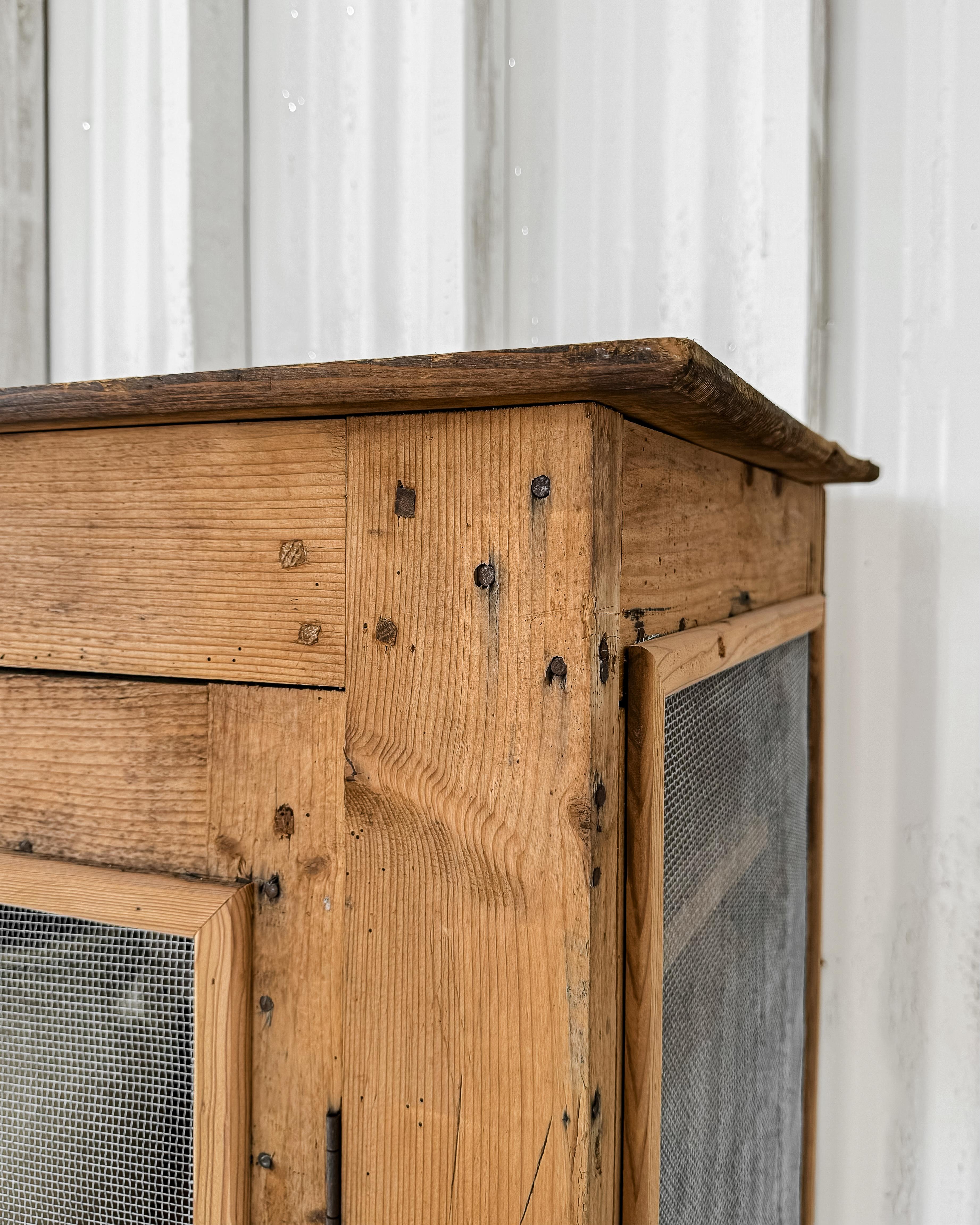 Primitive Victorian Natural Wood Wire Mesh Cupboard For Sale 7