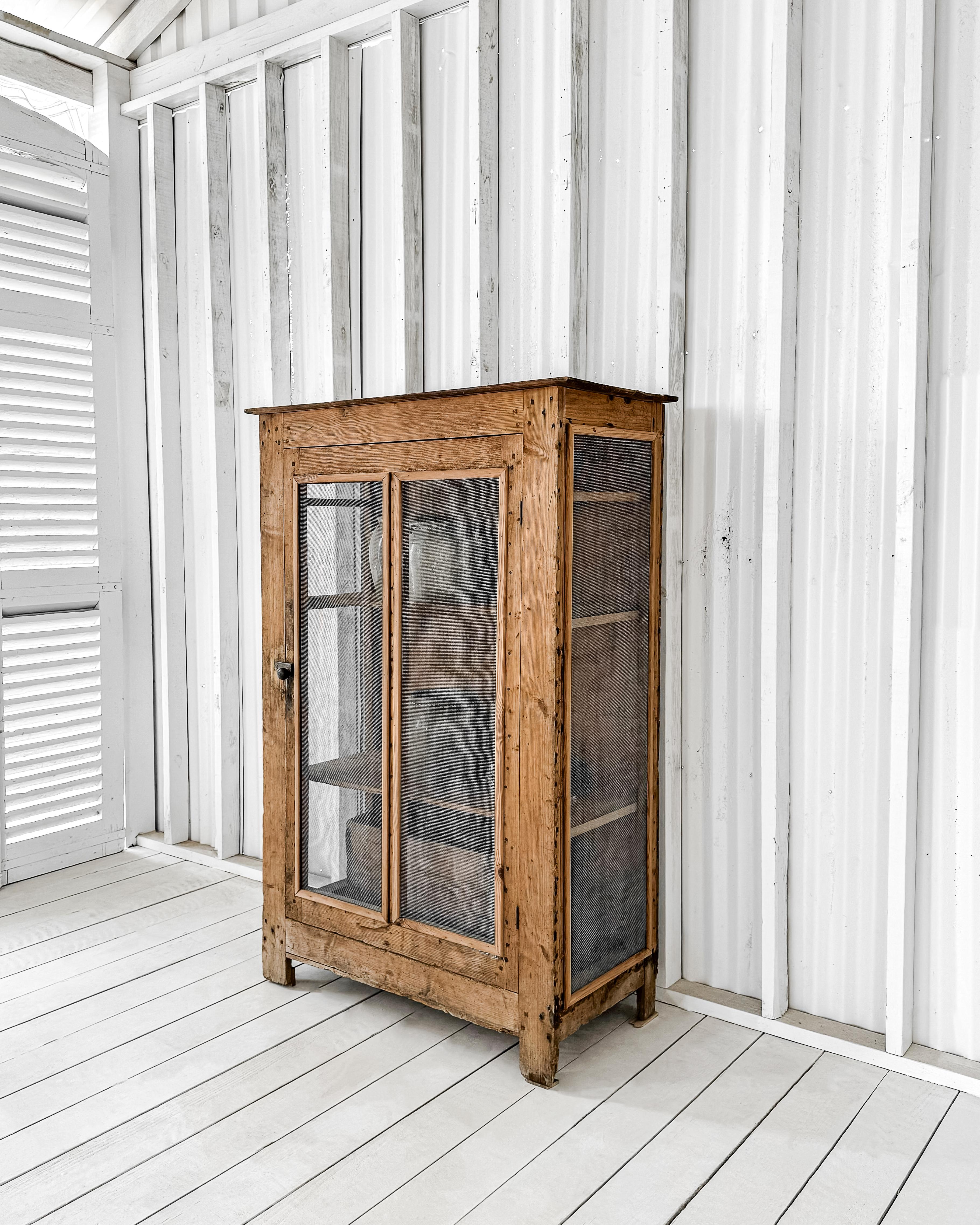 19th Century Primitive Victorian Natural Wood Wire Mesh Cupboard For Sale