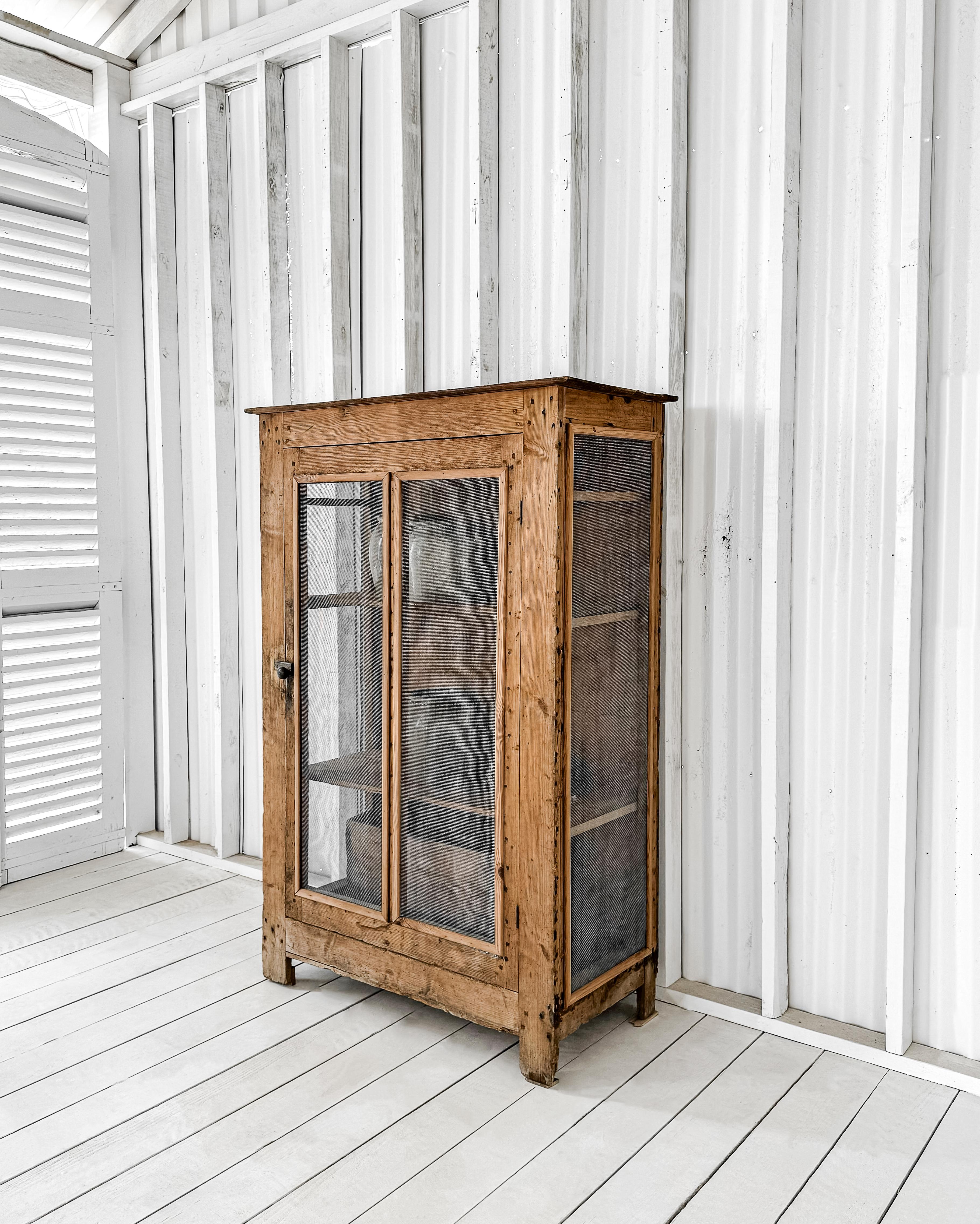 19th Century Primitive Victorian Natural Wood Wire Mesh Cupboard