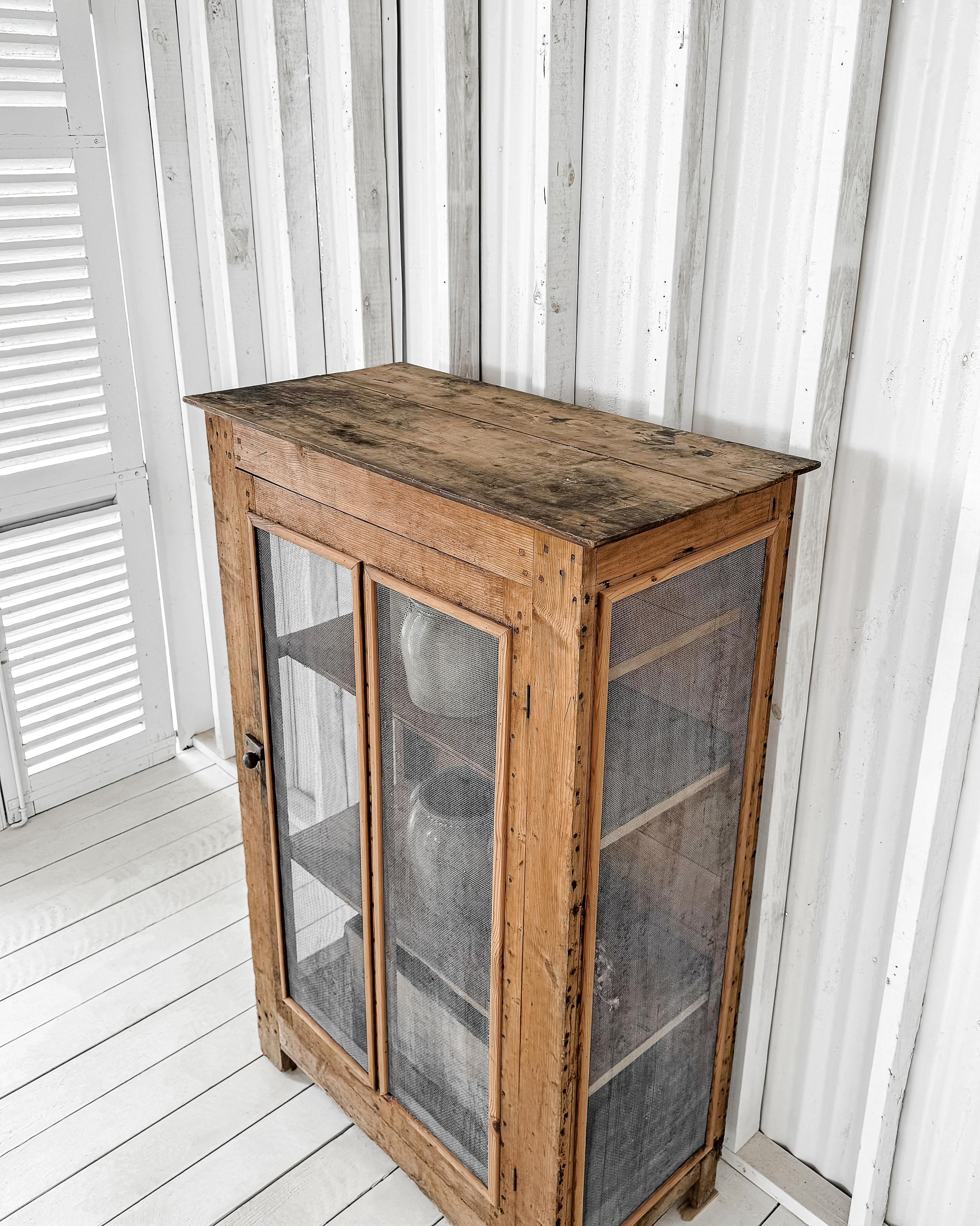Pine Primitive Victorian Natural Wood Wire Mesh Cupboard For Sale