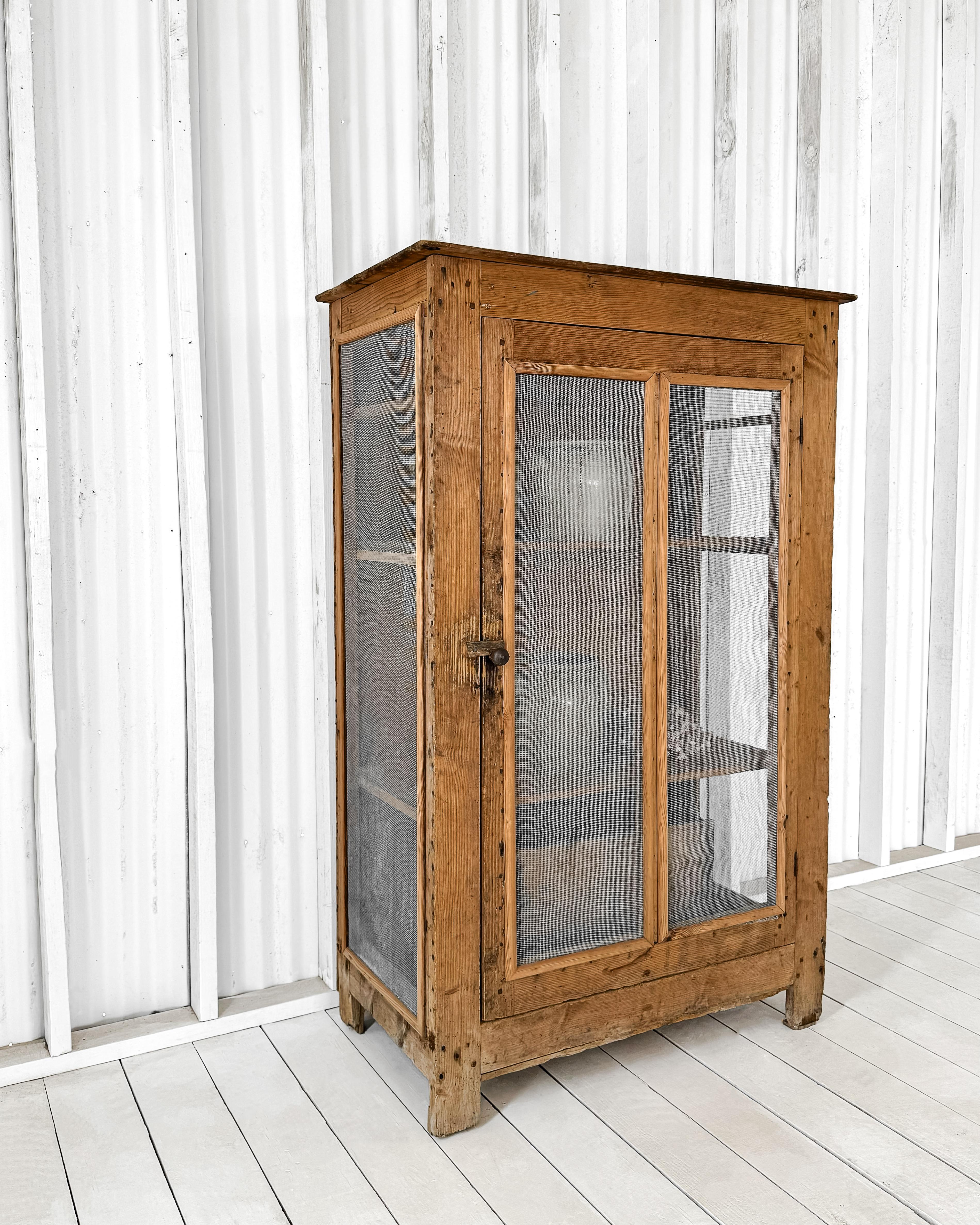 Primitive Victorian Natural Wood Wire Mesh Cupboard For Sale 1