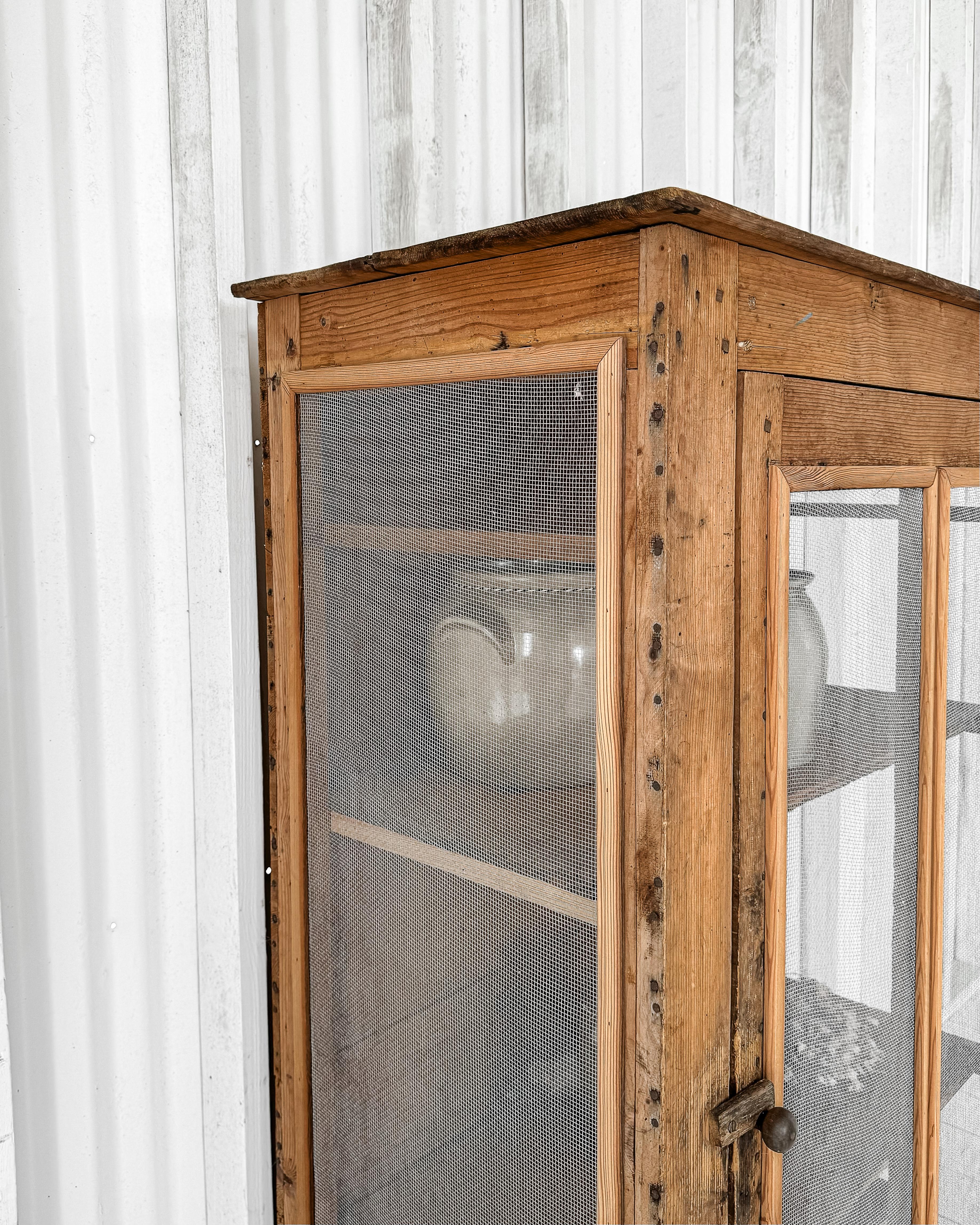 Primitive Victorian Natural Wood Wire Mesh Cupboard For Sale 2