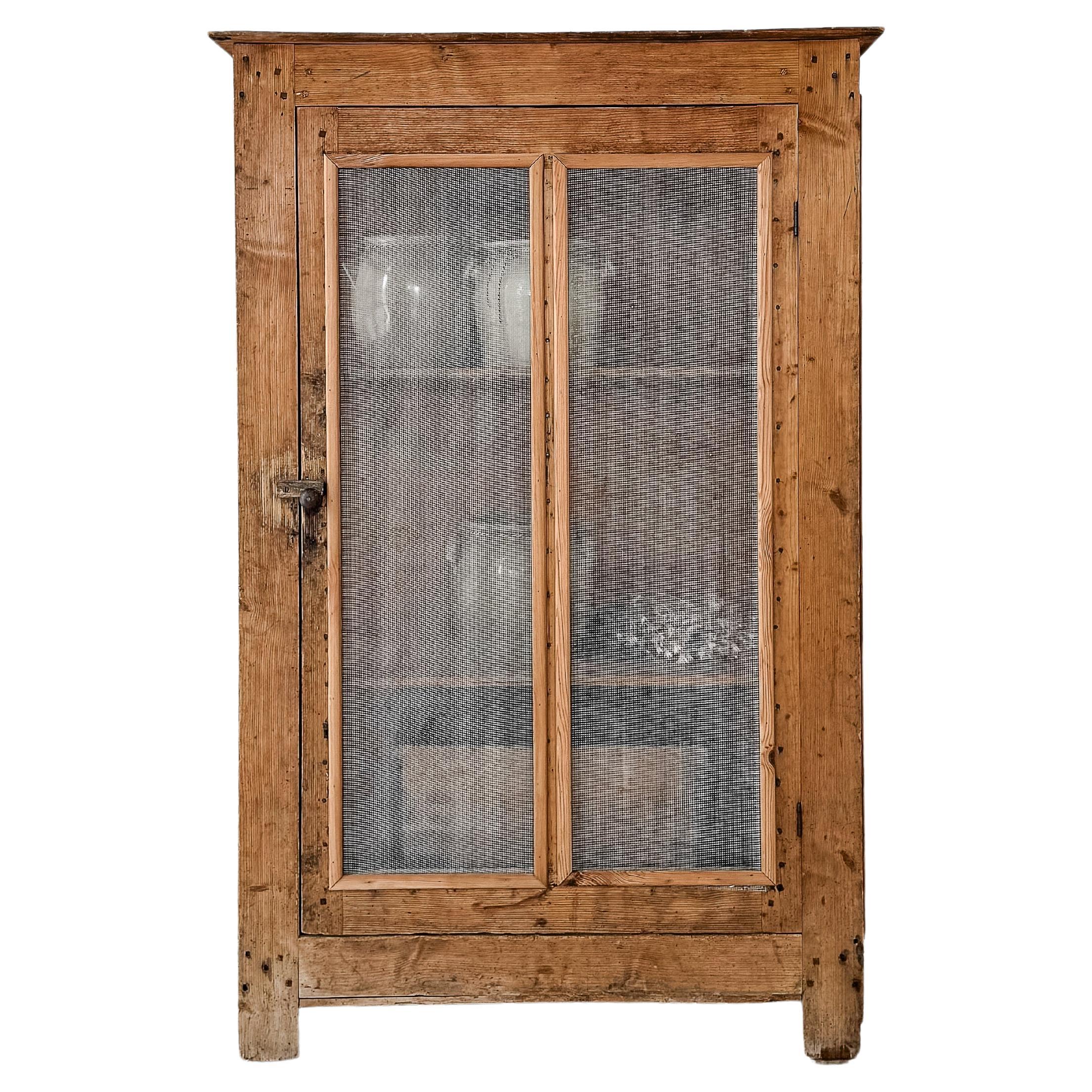 Primitive Victorian Natural Wood Wire Mesh Cupboard For Sale