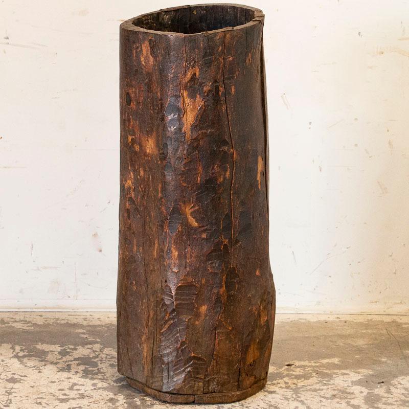 This unique wood container is made from a hollowed out tree trunk, making it a truly one of a kind piece. The organic appeal comes from the wood itself and a simple base was attached to create a tall, slender container, perfect for a tall dried
