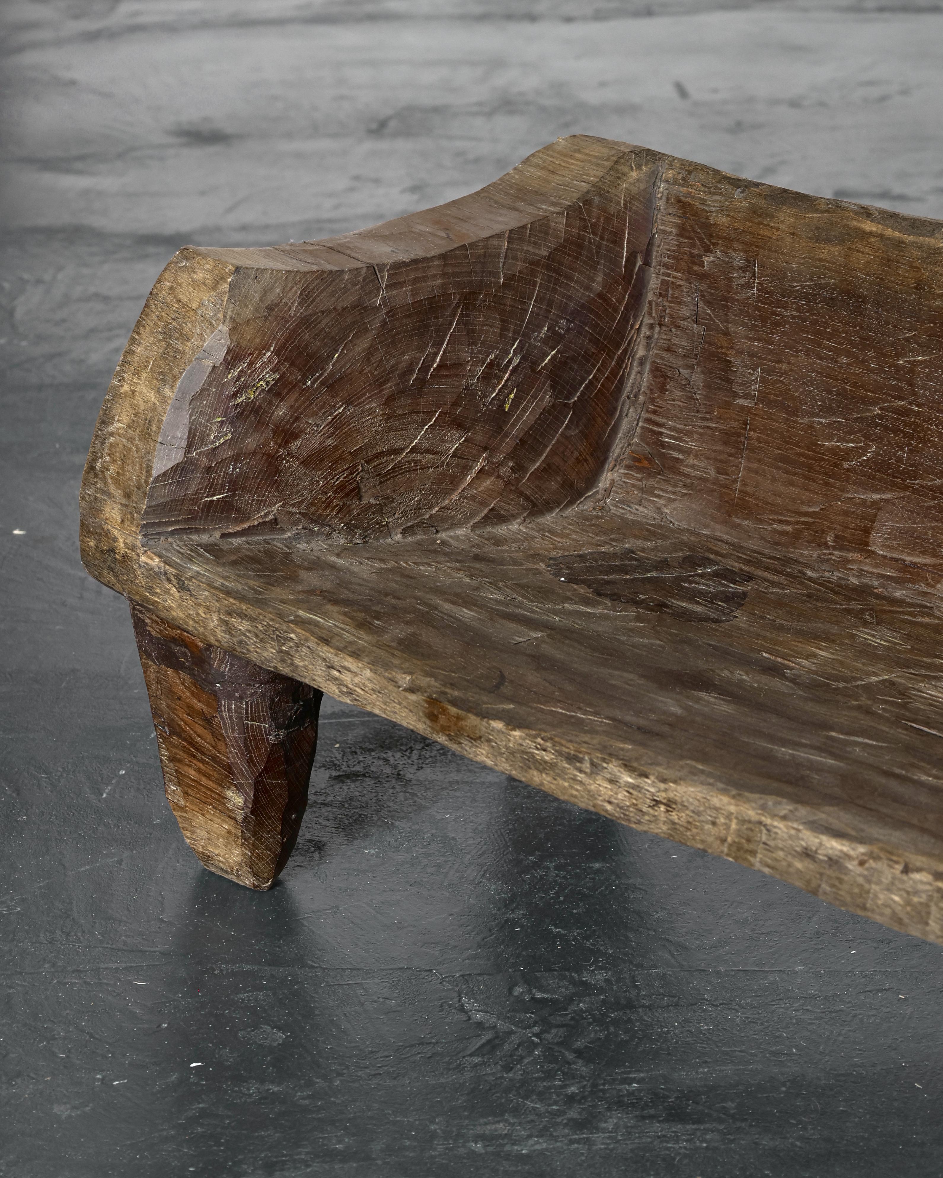 Primitive Wabi Sabi Dug-Out Caldas Style Elm Bench For Sale 4