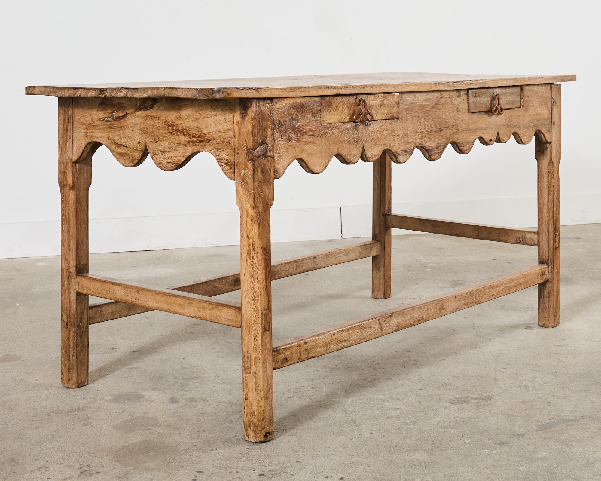 Country Primitive Walnut Center Table or Console with Scalloped Apron