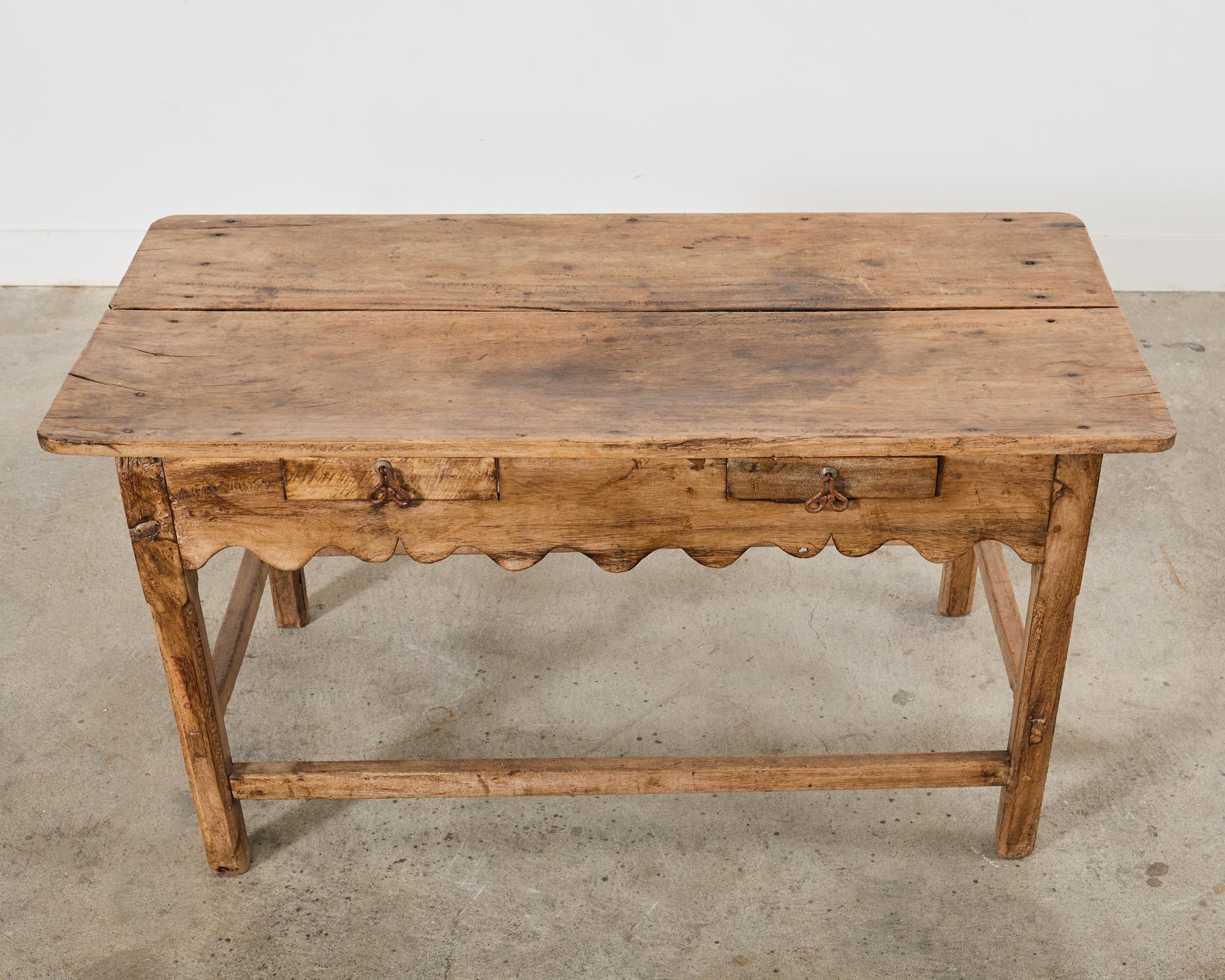 Mexican Primitive Walnut Center Table or Console with Scalloped Apron