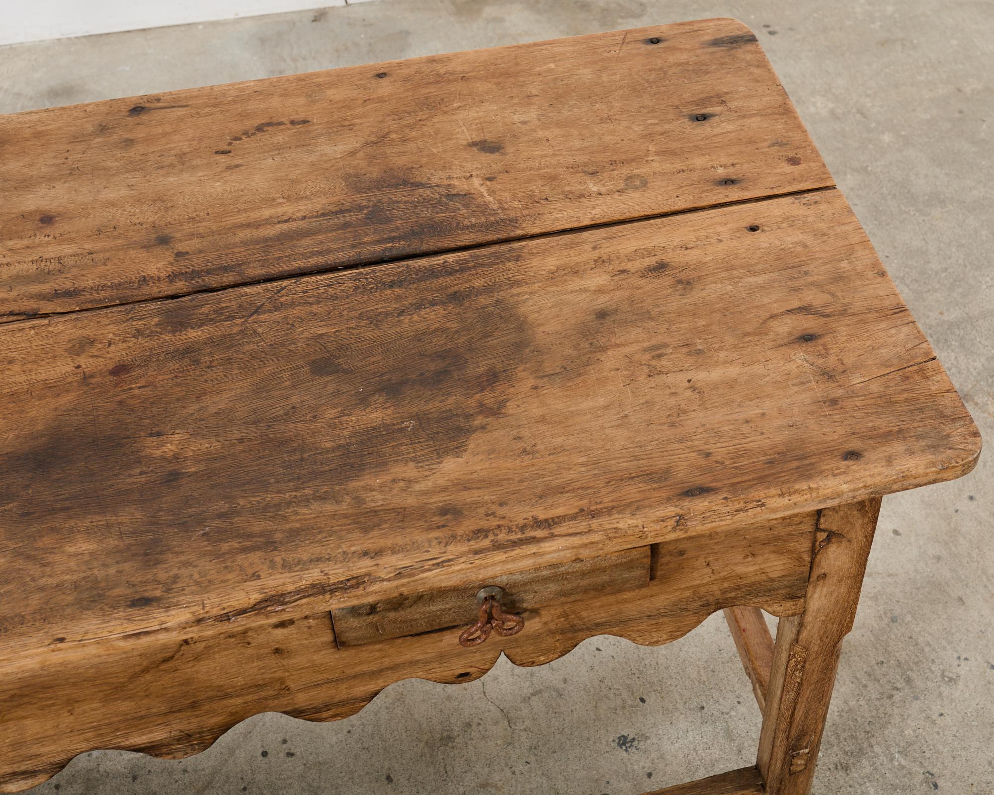 Iron Primitive Walnut Center Table or Console with Scalloped Apron
