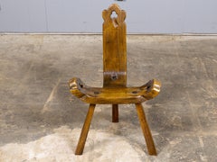Primitive Walnut Three-Legged Slab Chair with Pierced Decoration