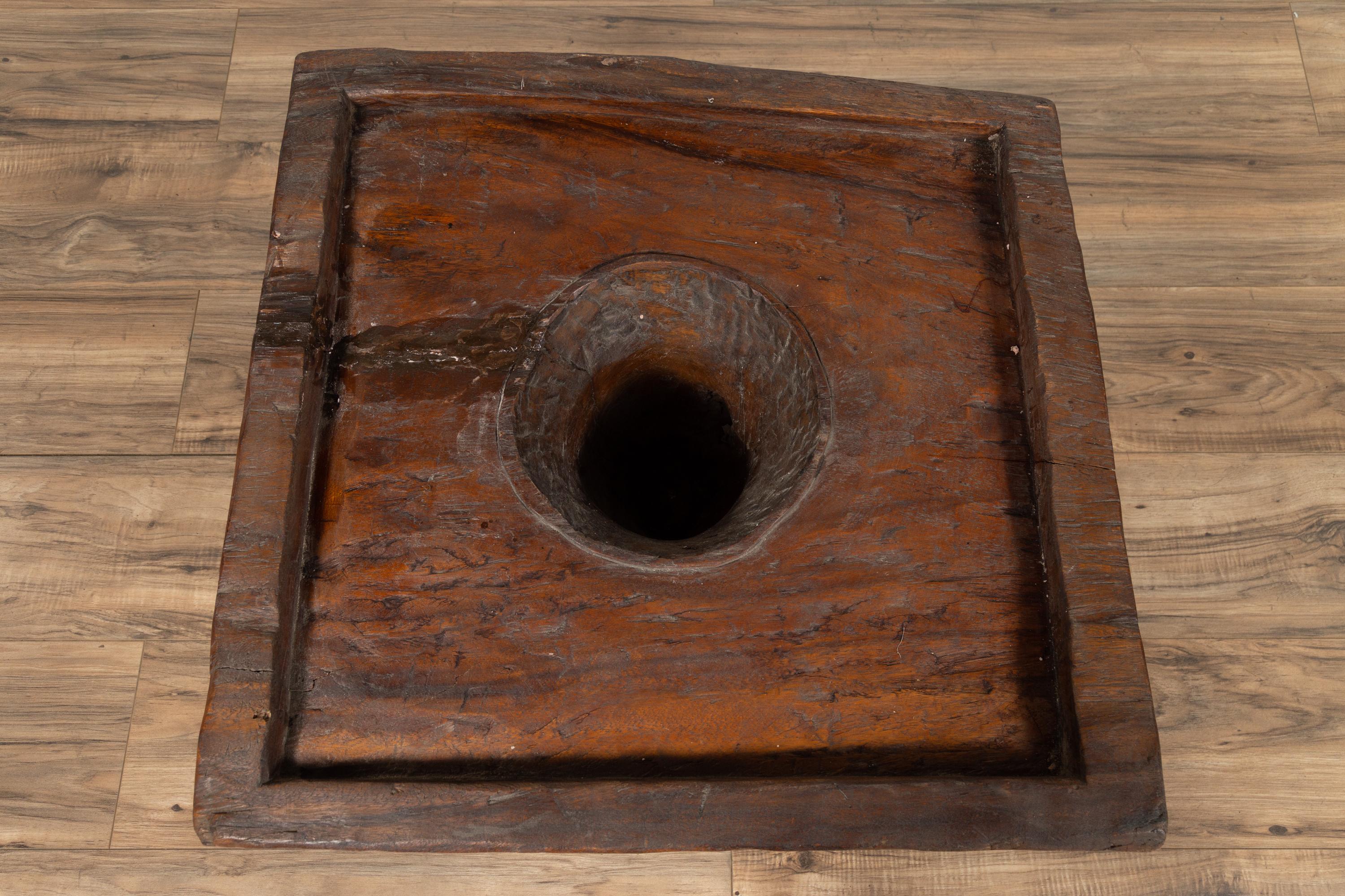 Rustic Wooden Indonesian Brown Mortar Planter from the Early 20th Century For Sale