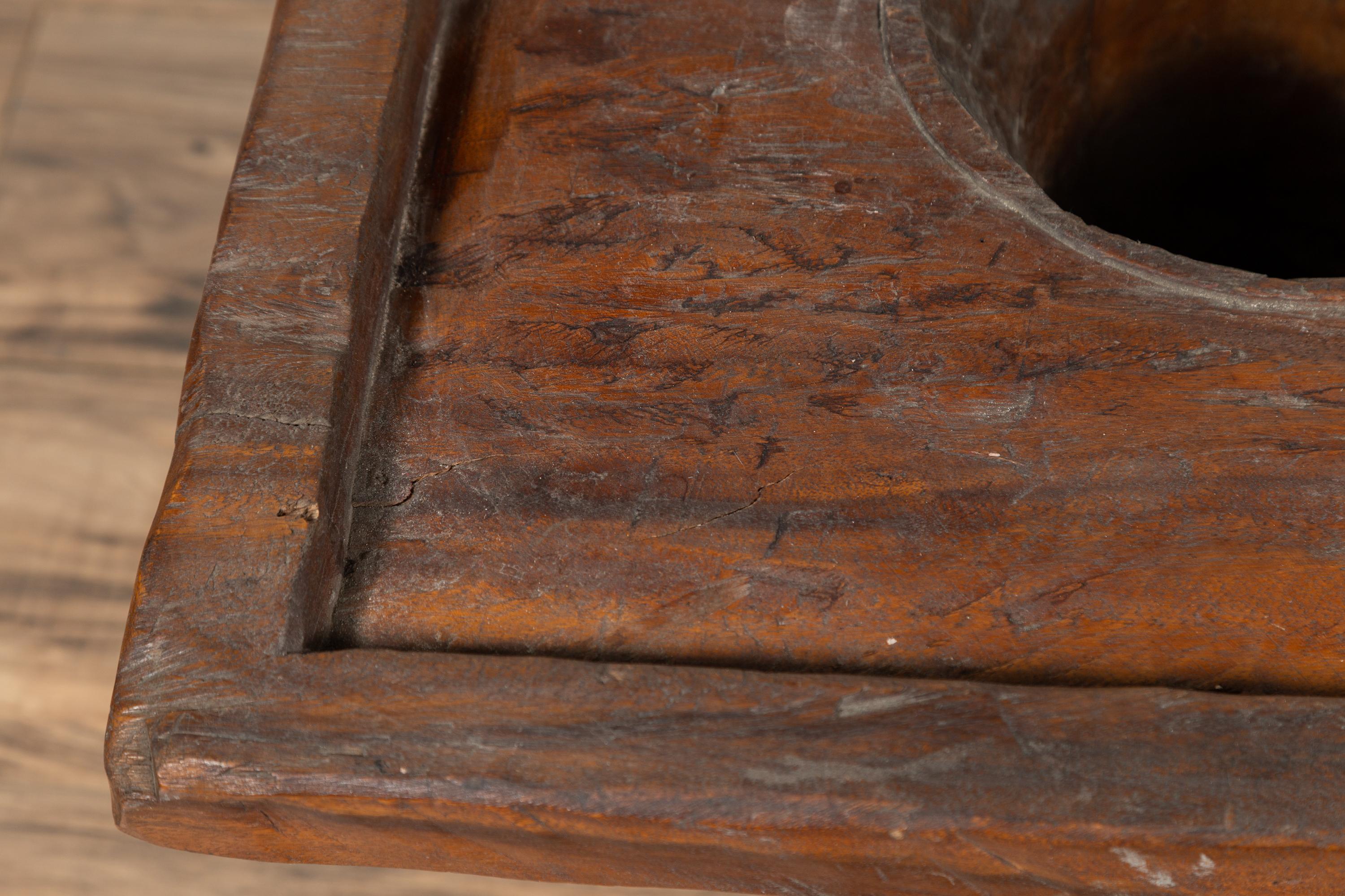 Wooden Indonesian Brown Mortar Planter from the Early 20th Century In Good Condition For Sale In Yonkers, NY