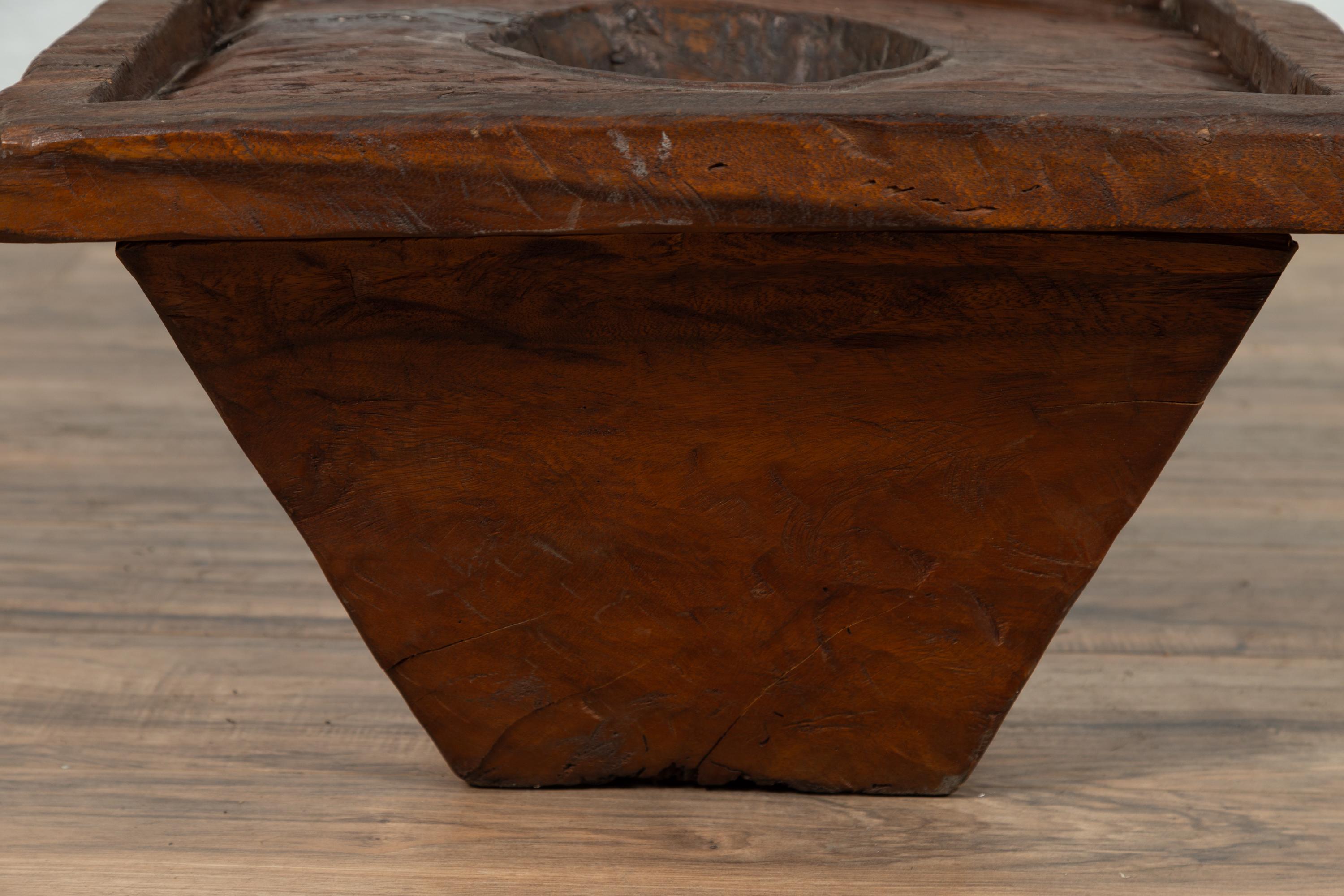 Wooden Indonesian Brown Mortar Planter from the Early 20th Century For Sale 2