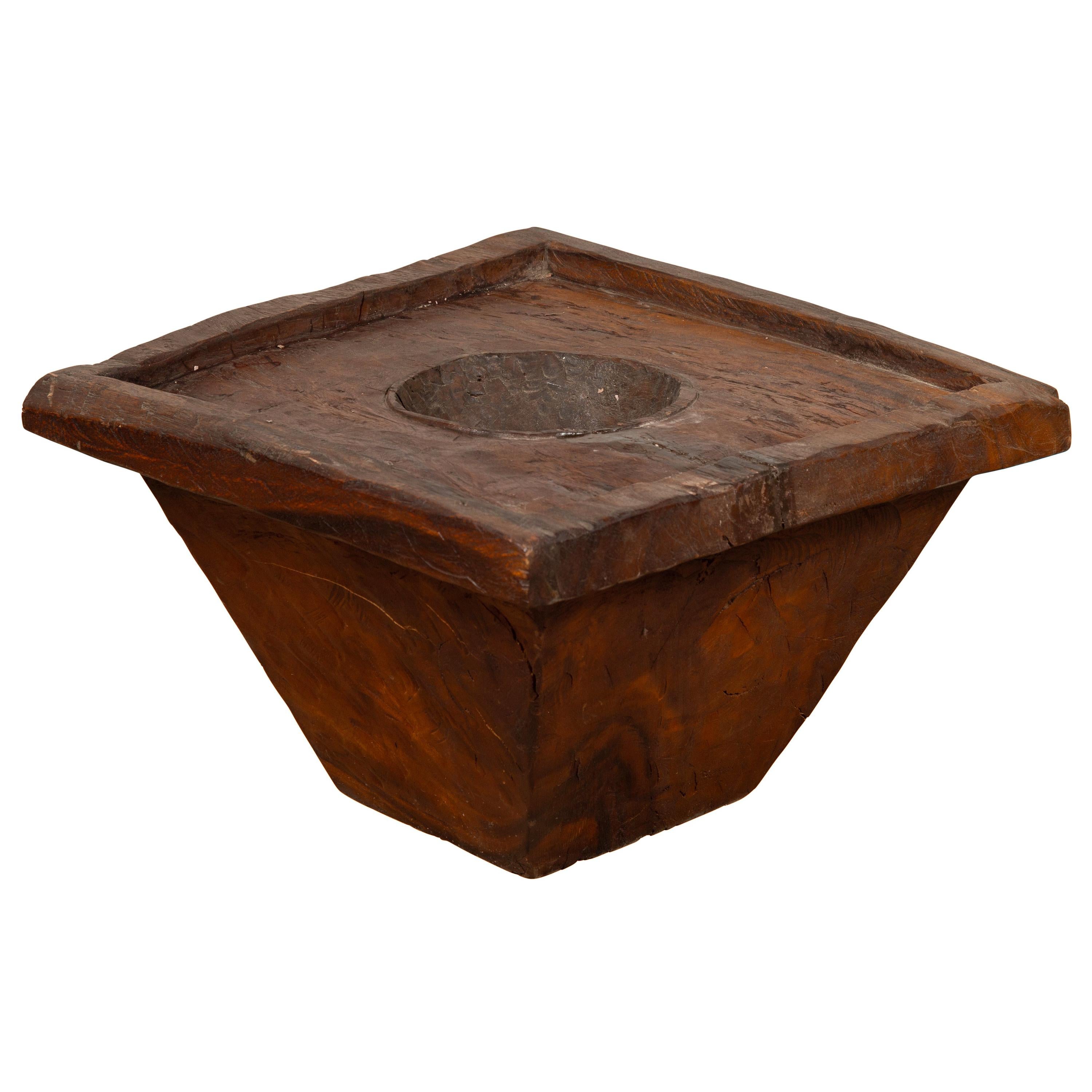 Wooden Indonesian Brown Mortar Planter from the Early 20th Century